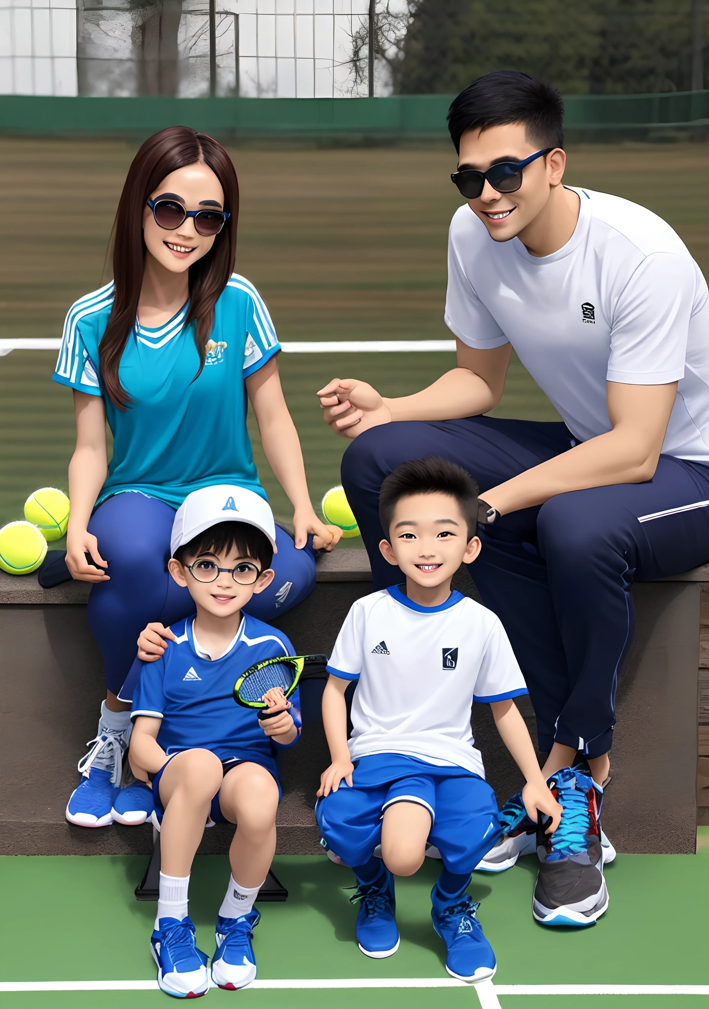 Pai e filho oriental de oculos jogando tenis de mesa