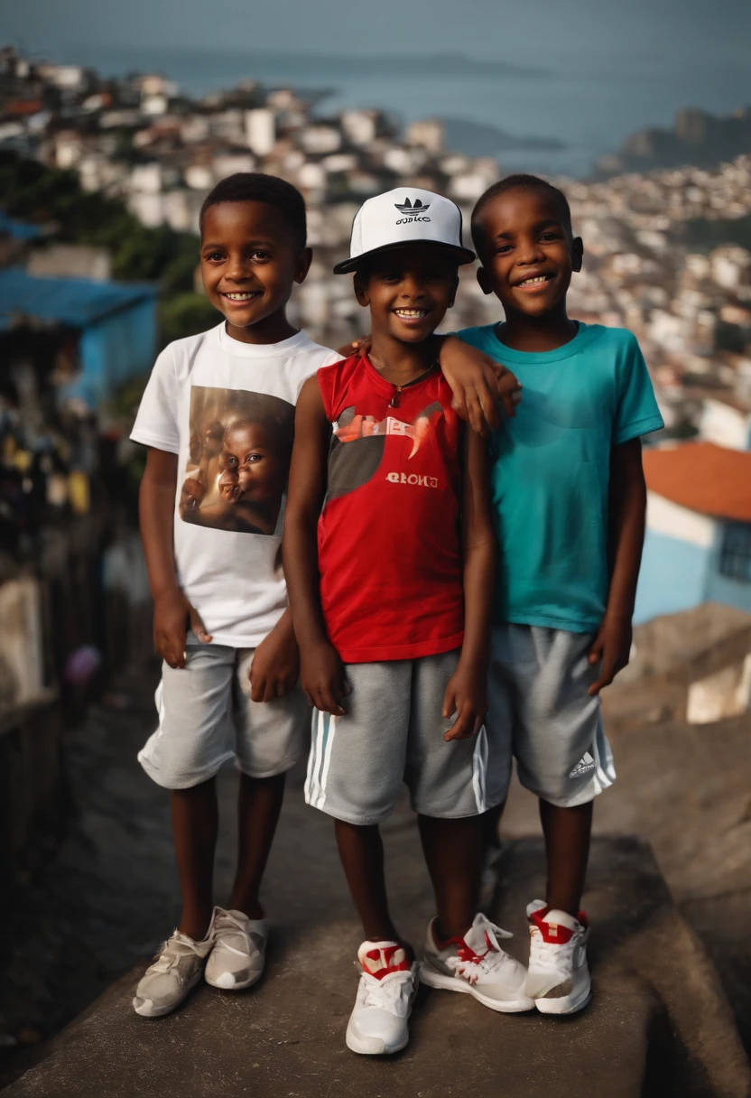 Black children from the periphery, with a cap and wearing adidas and nike clothes, They're happy in the favela of Rio de Janeiro