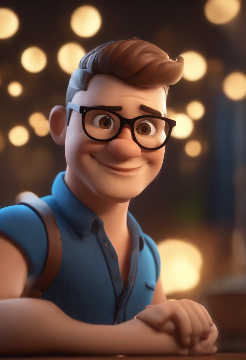 Cartoon character of a man wearing black glasses and a blue shirt, um personagem animado, Caractere estilizado, animation style rendering, 3D estilizado, Arnold Maya render, 3 d render stylized, toon render keyshot, Personagem 3D, Personagem 3D, 3d rendering stylized, 3 d character render, personagem de desenho animado, Personagem de close up, Pose de personagem, (Estilo Pixar) (master part:1.2) (Bokeh) (best quality) (pele detalhada) (textura detalhada) (8k) (argila) (Cinematic lighting) (foco nítido,Senta e vaza a parte superior do corpo