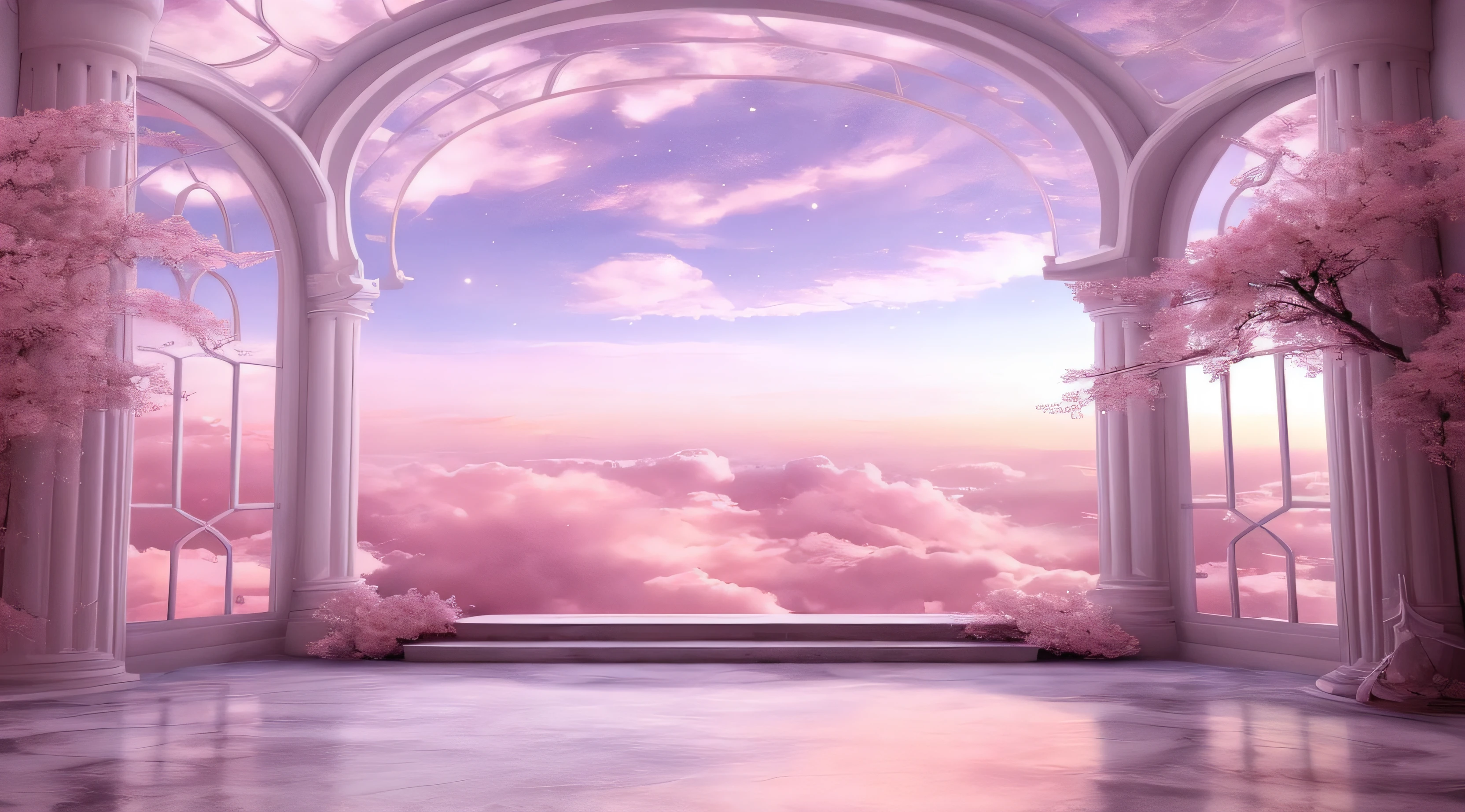 There is a bedroom with a window and a view of the sky, cena de sonho, heaven pink, very magical and dreamy, atmosfera sonhadora e drama, heaven background, atmosfera de sonho, sonhador e detalhado, cores celestiais, dreamy aesthetics, dreamy and ethereal, paisagem celestial, nuvens de anime rosa fofas, deite-se em nuvens brancas fairyland, beautiful dreamy breathtaking, Detailed dreamscape, paisagem de sonho
