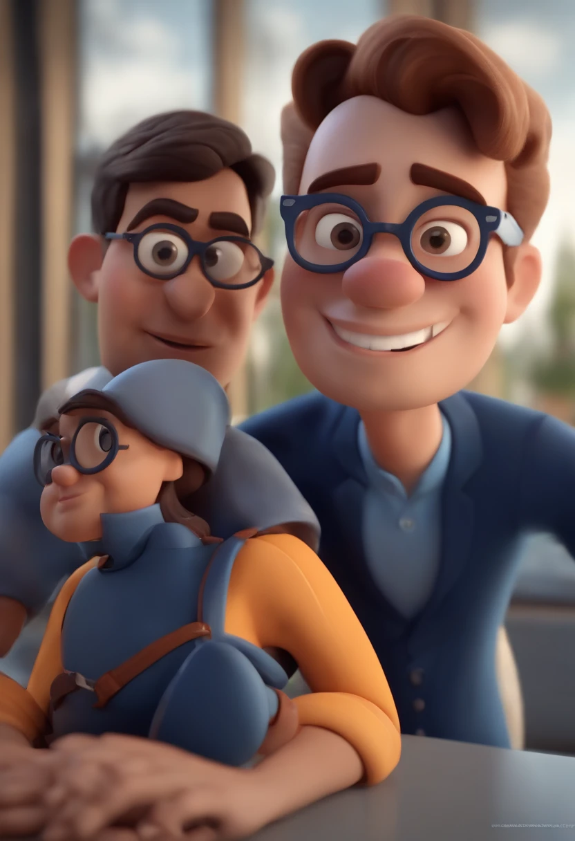 Cartoon character of a man wearing black glasses and a blue shirt, um personagem animado, Caractere estilizado, animation style rendering, 3D estilizado, Arnold Maya render, 3 d render stylized, toon render keyshot, Personagem 3D, Personagem 3D, 3d rendering stylized, 3 d character render, personagem de desenho animado, Personagem de close up, Pose de personagem, (Estilo Pixar) (master part:1.2) (Bokeh) (best quality) (pele detalhada) (textura detalhada) (8k) (argila) (Cinematic lighting) (foco nítido,Senta e vaza a parte superior do corpo