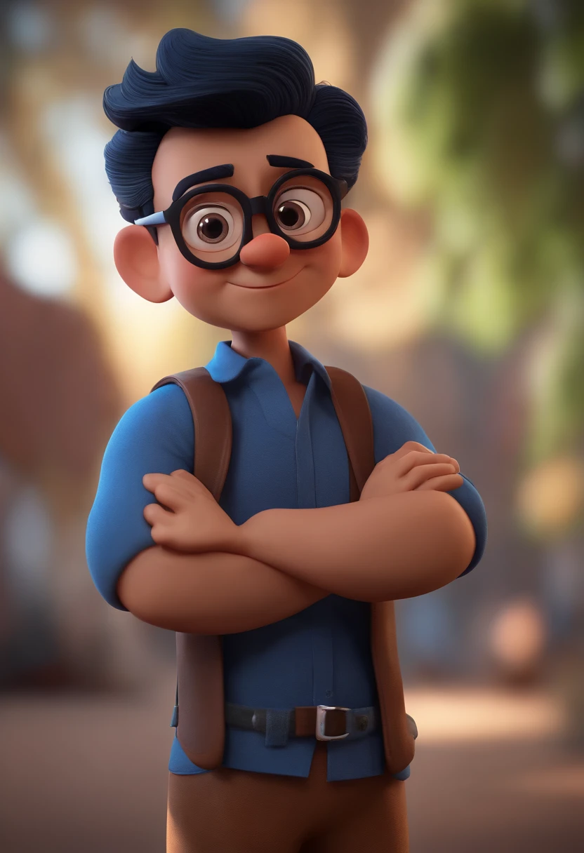 Cartoon character of a man wearing black glasses and a blue shirt, um personagem animado, Caractere estilizado, animation style rendering, 3D estilizado, Arnold Maya render, 3 d render stylized, toon render keyshot, Personagem 3D, Personagem 3D, 3d rendering stylized, 3 d character render, personagem de desenho animado, Personagem de close up, Pose de personagem, (Estilo Pixar) (master part:1.2) (Bokeh) (best quality) (pele detalhada) (textura detalhada) (8k) (argila) (Cinematic lighting) (foco nítido,Senta e vaza a parte superior do corpo