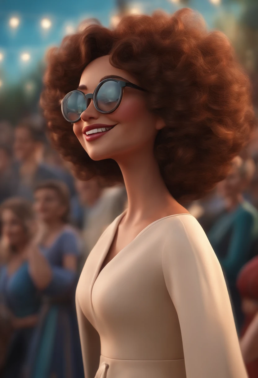"(best quality,ultra-detalhado,Realistic:1.37),3D rendering,illustration,design de personagens,cabelos curtos e cacheados escuros,belos olhos detalhados,wearing white glasses,Estilo Pixar,morena mulher,Dancing on the Disney stage,atmosfera animada,vivid colors,luzes de palco,expression joyful"
