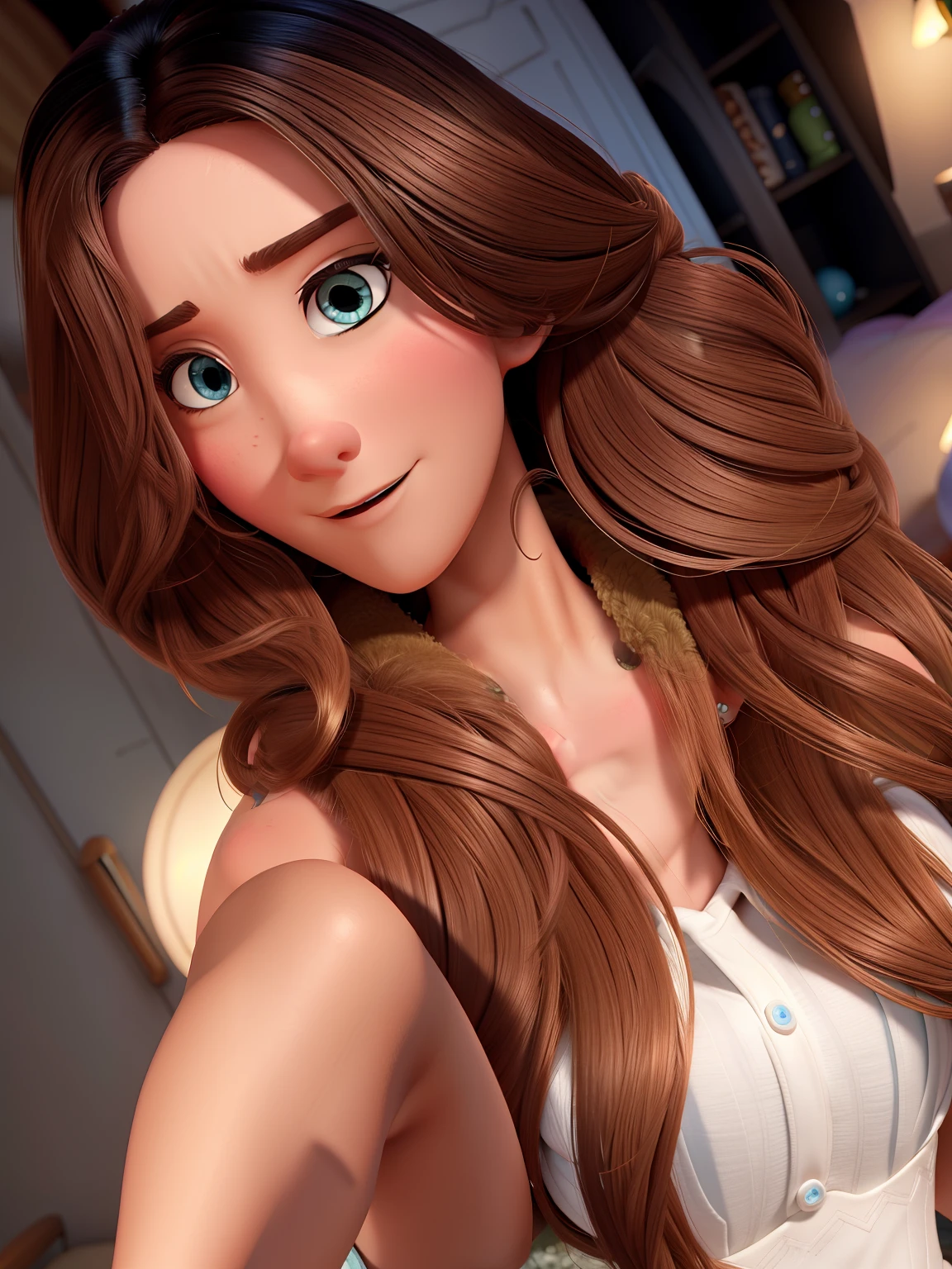 Personagem estilo pixar, cabelos longos, olhos azuis