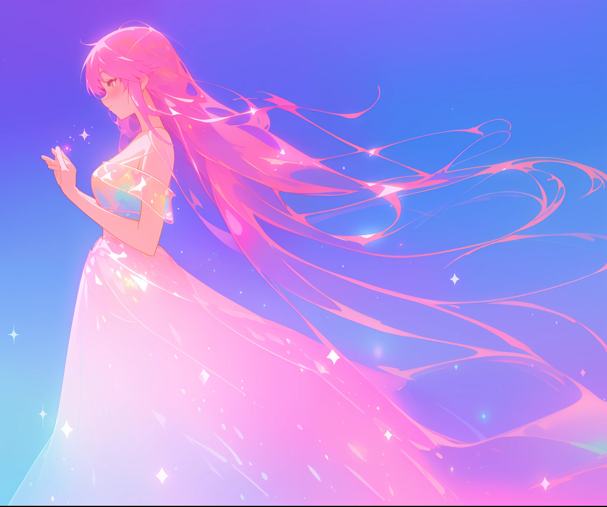 beautiful girl in colorful sparkling flowing ballgown, long flowing purple pink hair, colorful sparkling lights, flowing liquid theme, colorful fantasia background, watercolor illustration, disney art style, glowing aura around her, glowing lights, beautiful digital illustration, fantasia otherworldly landscape plants flowers, beautiful, masterpiece, best quality, anime disney style