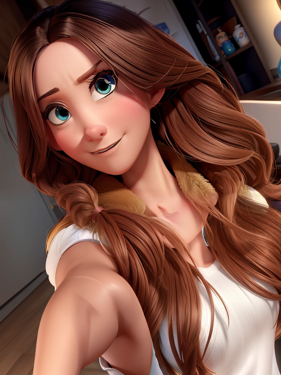 Personagem estilo pixar, cabelos longos, olhos azuis
