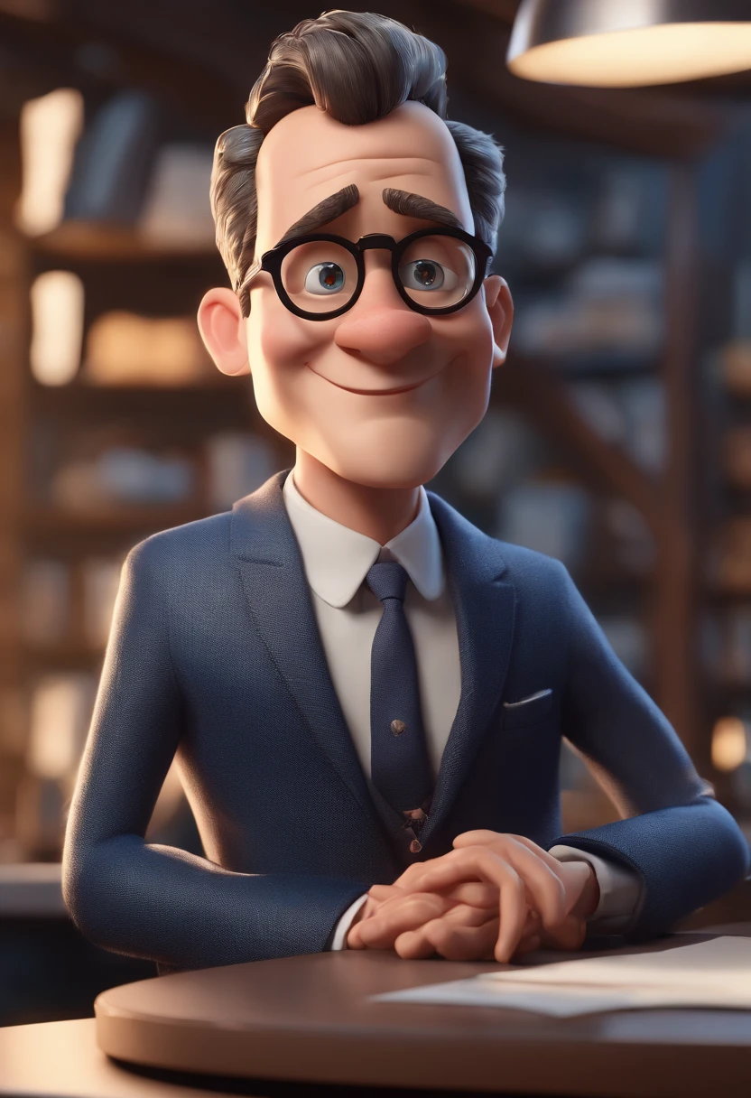 Cartoon character of a man with black glasses and a blue shirt, animation character, Caractere estilizado, animation style rendering, 3D estilizado, Arnold Maya render, 3 d render stylized, toon render keyshot, Personagem 3D, Personagem 3D, 3d rendering stylized, 3 d character render, personagem de desenho animado, Personagem de close up, Pose de personagem, (Estilo Pixar) (master part:1.2) (Bokeh) (best quality) (pele detalhada) (textura detalhada) (8k) (argila) (Cinematic lighting) (foco nítido