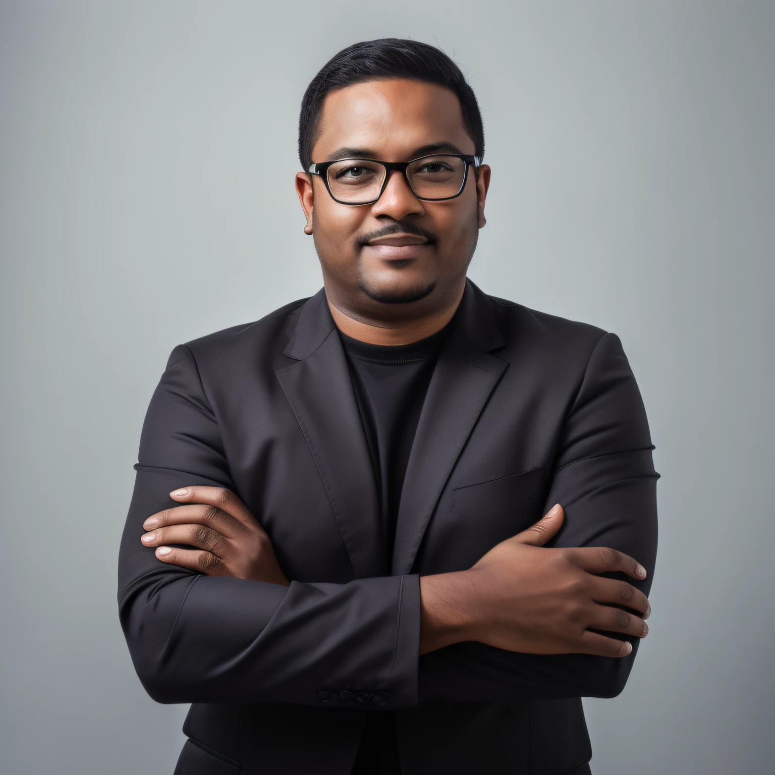 There is a man in a suit and glasses posing for a photo, without a beard and mustache, dark skin, studio portrait photo, headshot photo, headshot portrait, professional profile photo, editorial portrait, professional portrait, professional portrait photo, Portrait Pose, journalist photo, Close Up portrait photo. Function images of a digital marketing office.