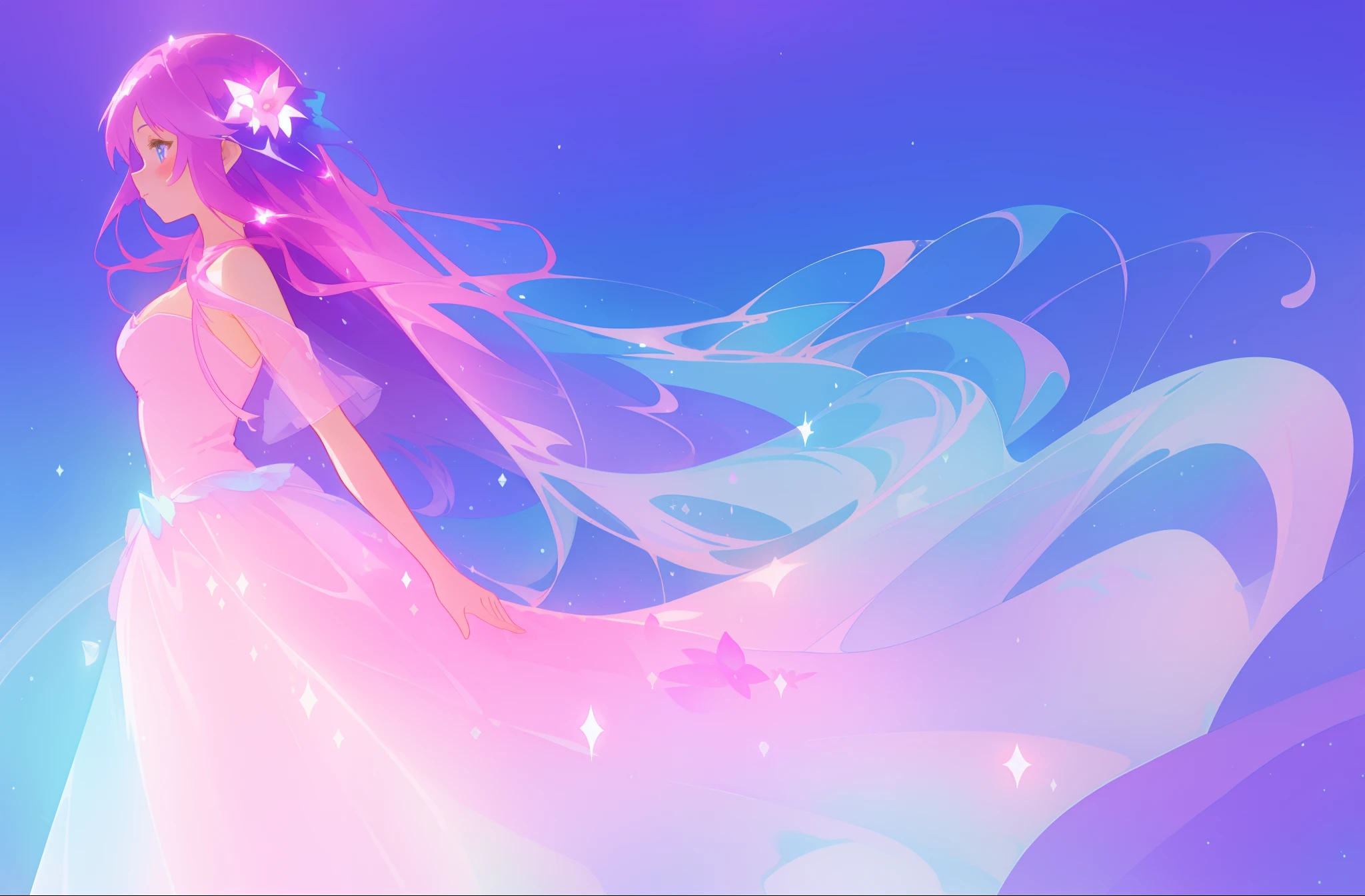 beautiful girl in colorful sparkling flowing ballgown, long flowing purple pink hair, colorful sparkling lights, flowing liquid theme, colorful fantasia background, watercolor illustration, disney art style, glowing aura around her, glowing lights, beautiful digital illustration, fantasia otherworldly landscape plants flowers, beautiful, masterpiece, best quality, anime disney style