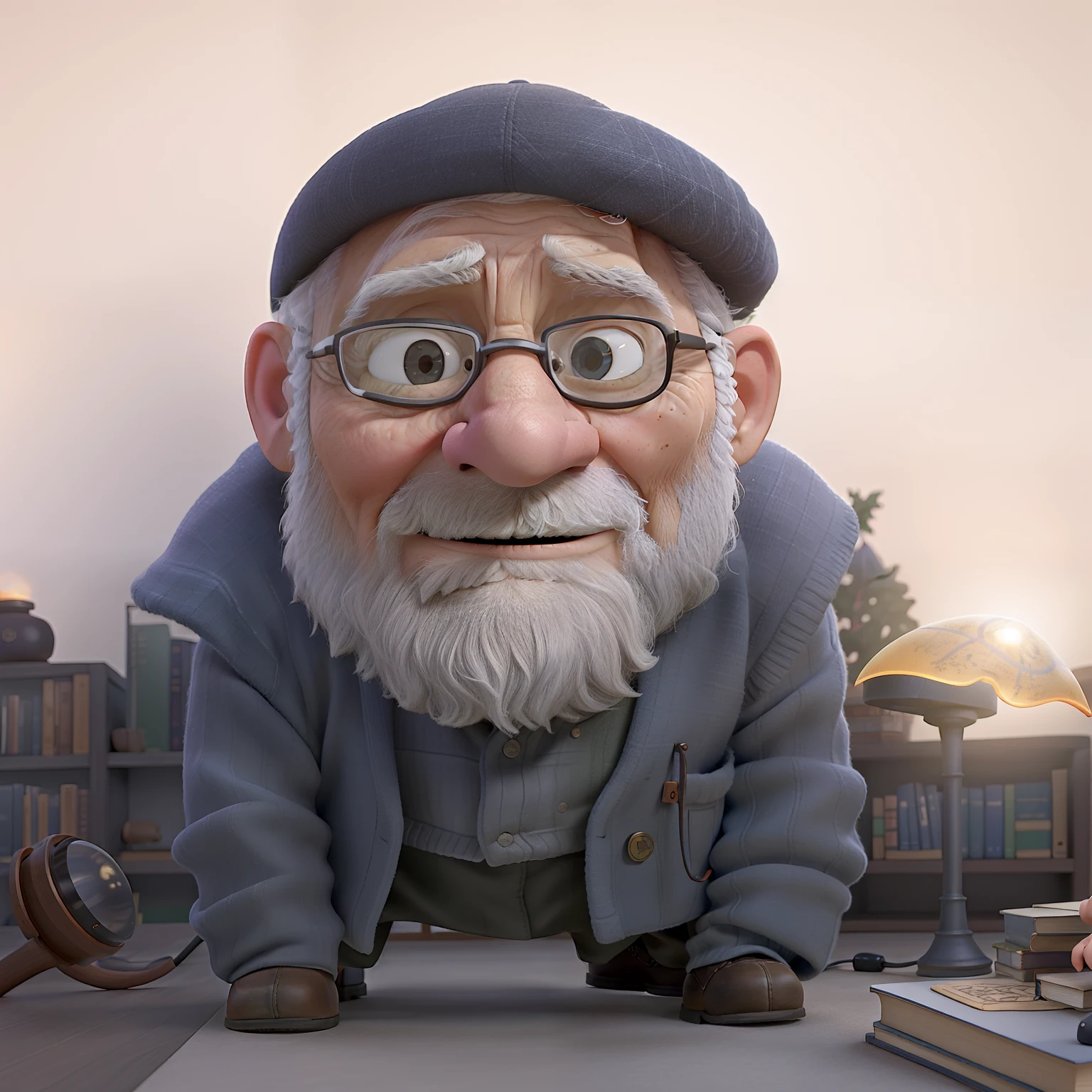 A wise old man standing in front, illuminated by the light of a lamp, against the backdrop of a library