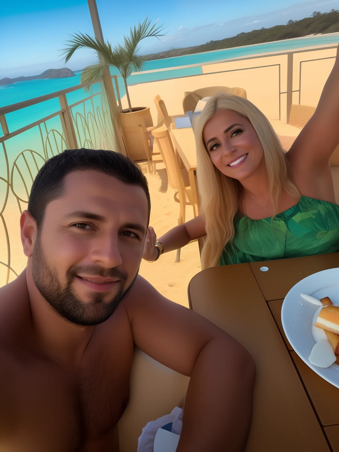 There are two people sitting at a table with a plate of food, Fotografia tirada em 2 0 2 0, fotografia de perfil, imagem de perfil, Mulher de 30 anos, 3 0 anos de idade mulher, cerca de 3 5 anos, facebook post, fotografia, instagram post, 3 0 anos mulher, tomada em 2 0 2 0, no oceano, Malika Favre
