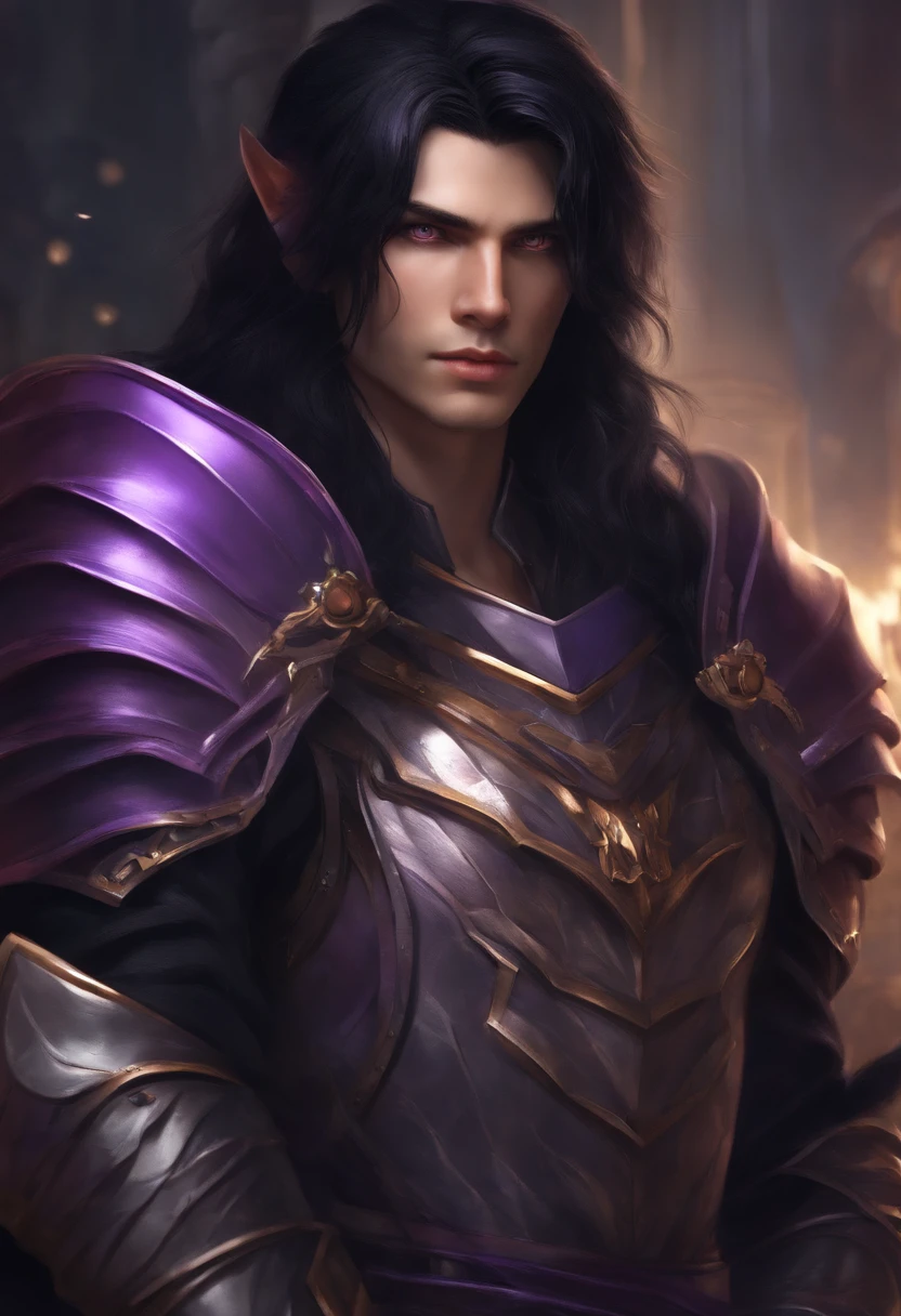 1man, male, dark elf, purple hair, short hair, hair parted down the middle, pink eyes, light purple skin, assassin