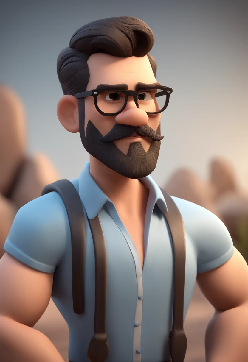 Cartoon character of a man with black glasses and a black polo shirt, cabelo liso, With beard and old school tattoo on his arm, animation character, Caractere estilizado, animation style rendering, 3D estilizado, Arnold Maya render, 3 d render stylized, toon render keyshot, Personagem 3D, Personagem 3D, 3d rendering stylized, 3 d character render, personagem de desenho animado, Personagem de close up, Pose de personagem,  (Estilo Pixar) (master part:1.2) (Bokeh) (best quality) (pele detalhada) (textura detalhada) (8k) (argila) (Cinematic lighting) (foco nítido