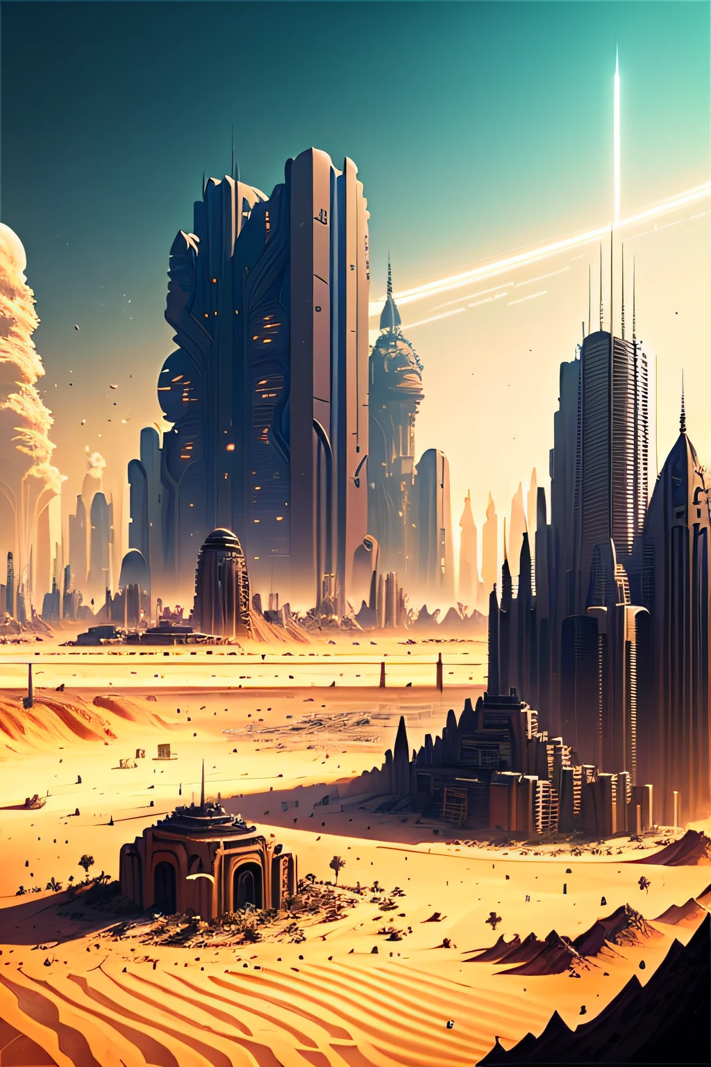 A beautifull megacity lot of detailled, is it a dark city abandonned. the city begins to be invaded by sand. In the background we see a half-destroyed planet and the galaxy