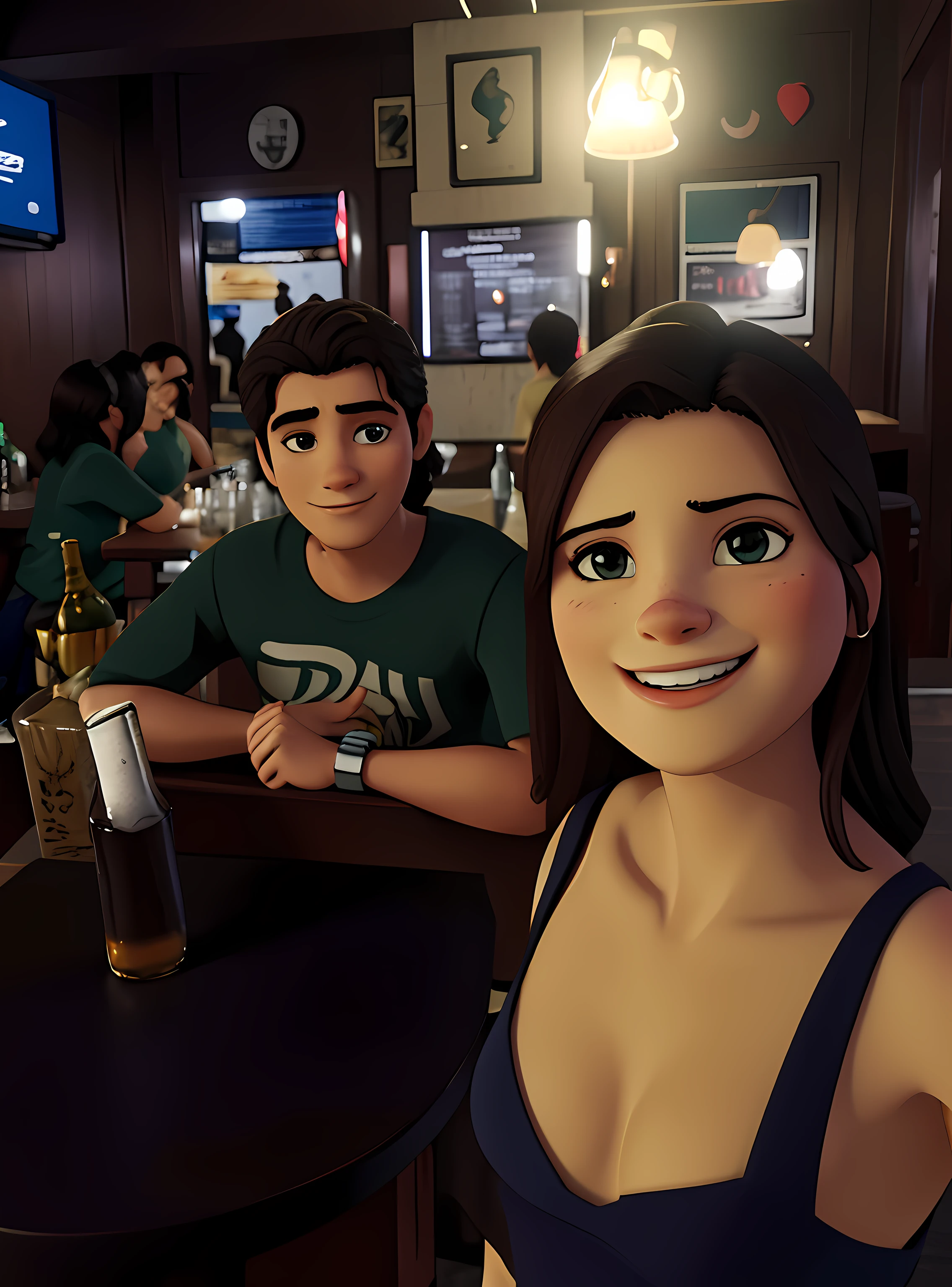 mulher sorridente sentada em um bar com um homem ao Fundo, sentado em um bar, sentado no bar, em um bar, 8k 50mm iso 10, em um bar, F / 1. 9 6. 8 1 mm iso 4 0, non blurry, imagem de perFil, no pub, imagem do avatar, Foto de baixa qualidade, muito bobo olhando