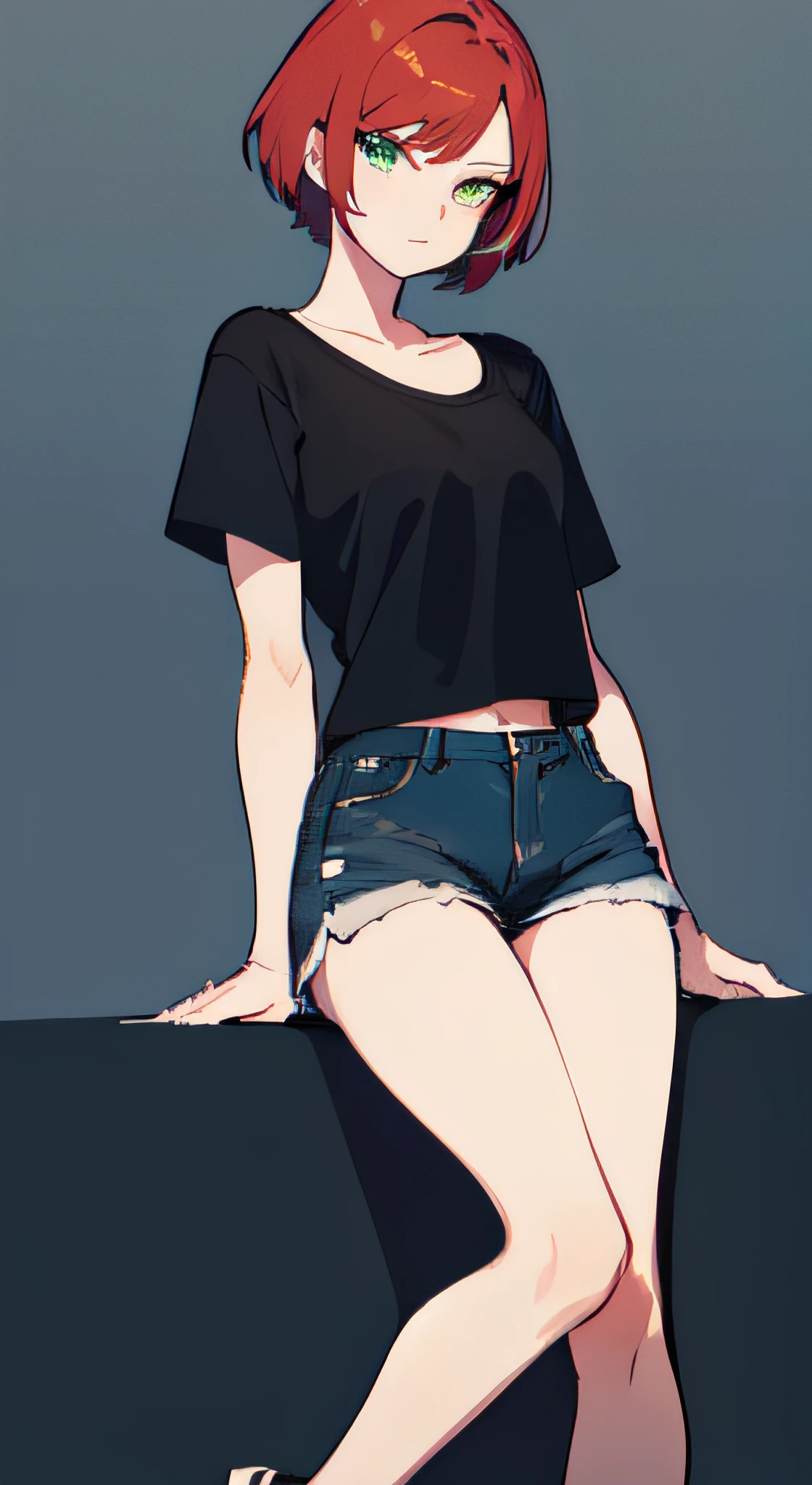 a 1girl, Green eyes, Skinny, short, Black T-shirt, blue shorts, redhead hair, Short Hair Hair, Beautiful figure, beatiful face, 18 years, Correct anatomy, pretty eyes, in full height.