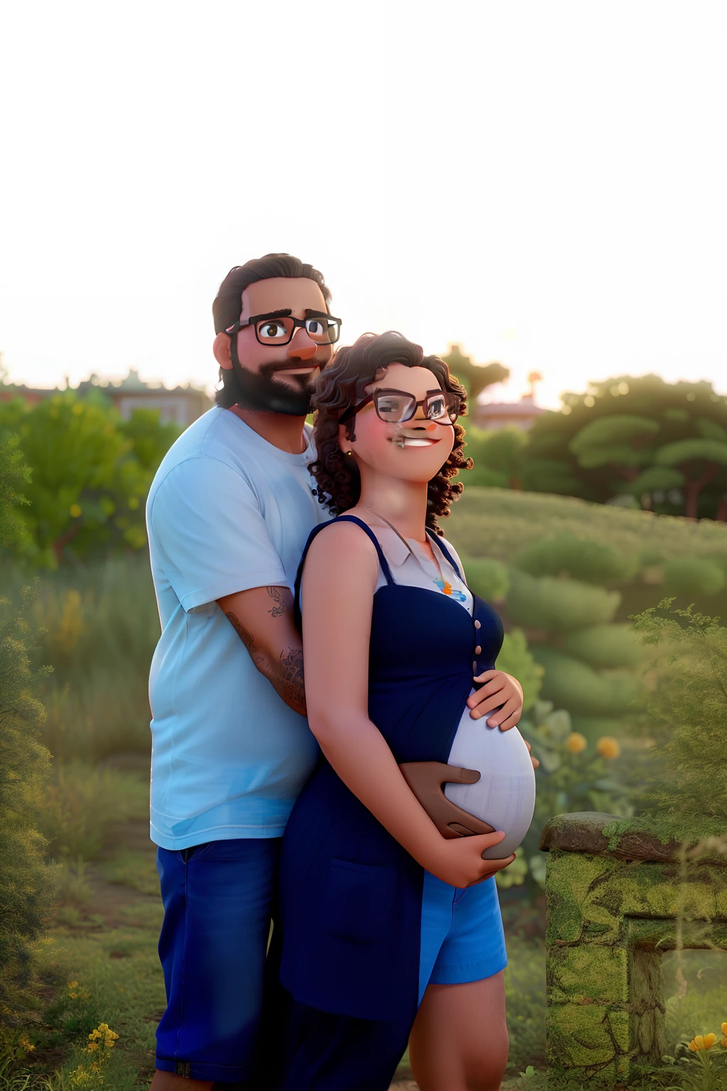 Man black hair and beard in glasses pregnant girl light haired curly Disney/pixar