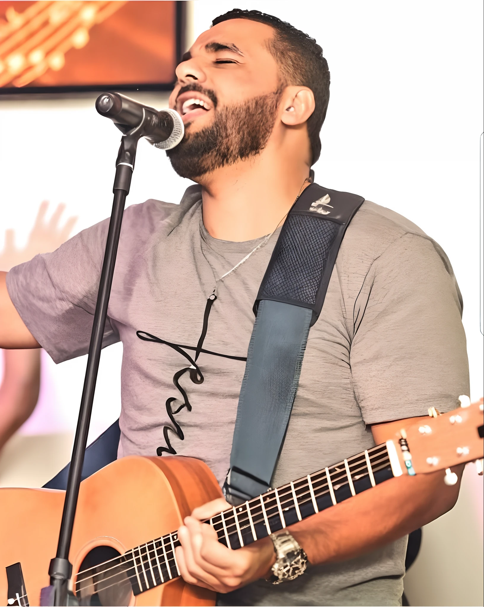Araffe homem cantando em um microfone enquanto segura uma guitarra, Apresentando-se no palco, Executar, Emad Mostaque, live performance, tocando guitarra no palco, cantor e compositor, ((Saturado)), Amr Elshamy, no palco, Joel Torres, foto do concerto, cantor no show de voz, he is a rockstar, Miguel Vicente, album photo, david rios ferreira
