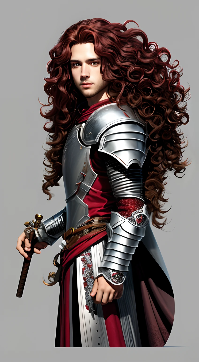 Long curly brown hair with crimson highlights and white highlights, broad shoulder, knight, no helmet, wizard staff, dark fantasy, white skin,