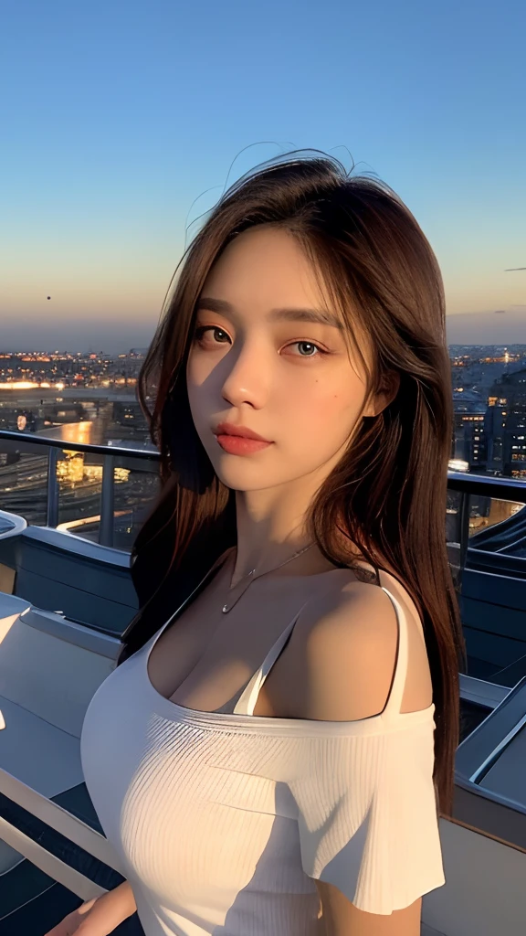 ((Midnight, Best quality, 8k, Masterpiece :1.3)), Whole body, Long legs, Sharp focus :1.2, A pretty woman with perfect figure :1.4, Slender abs :1.1, ((Dark brown hair, Big breasts :1.2)), (White tight tshirt, Jean bib, Standing:1.2), ((Night city view, Rooftop:1.3)), Highly detailed face and skin texture, Detailed eyes, Double eyelid, sunset, darken, backlit, off shoulder