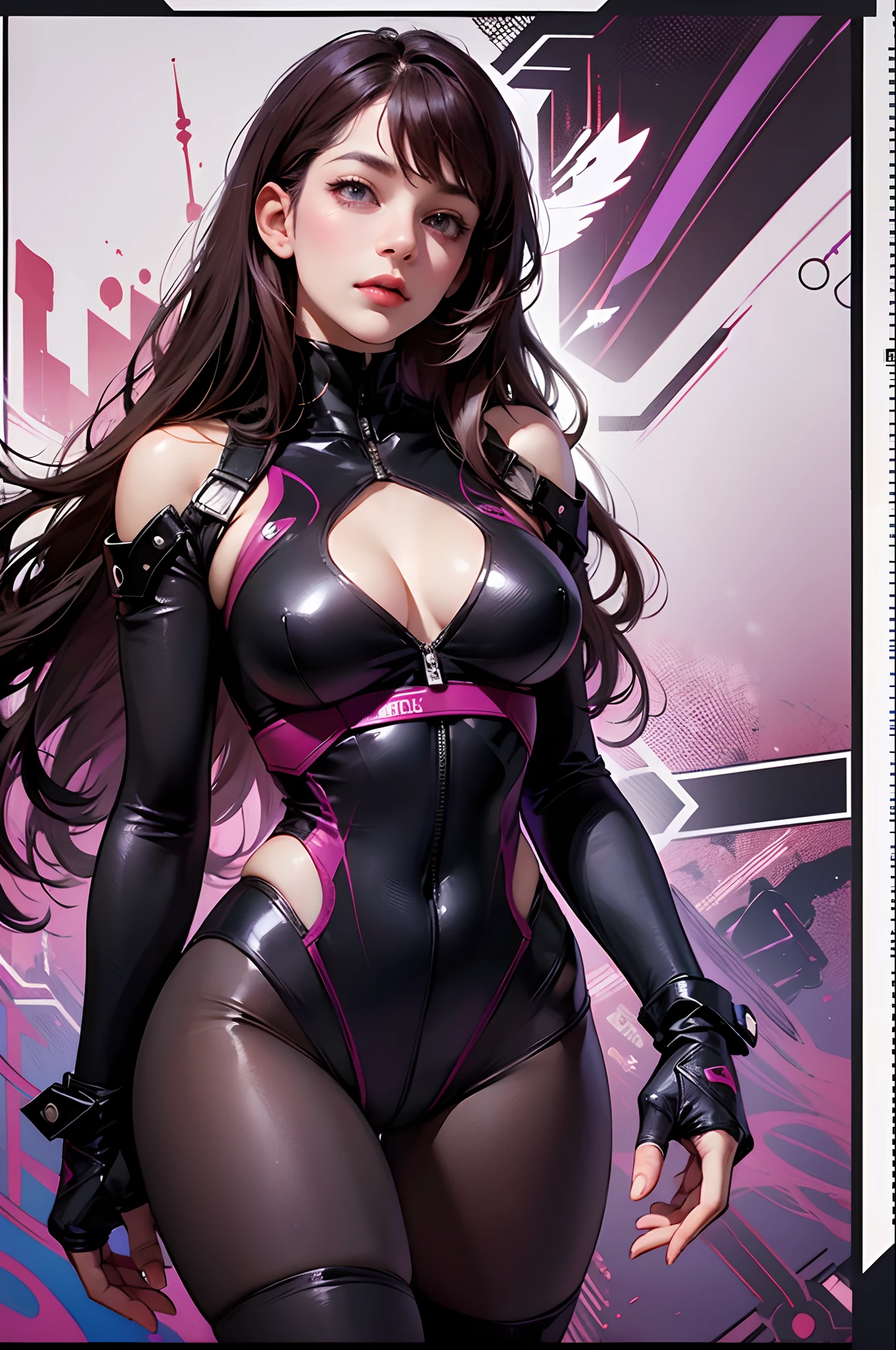 ((Best Quality)), ((Masterpiece)), ((vector illustration)), dutch angle, solo vampire 1girl with goth purple colors, ((red and dark hair)), wears black thong, black bodysuit, ((beautiful and aesthetic)), toned, fit body abs, seductive, under-boobs, minimal palette, hot, in vector poster style --seed:2785724893 --auto --s2
