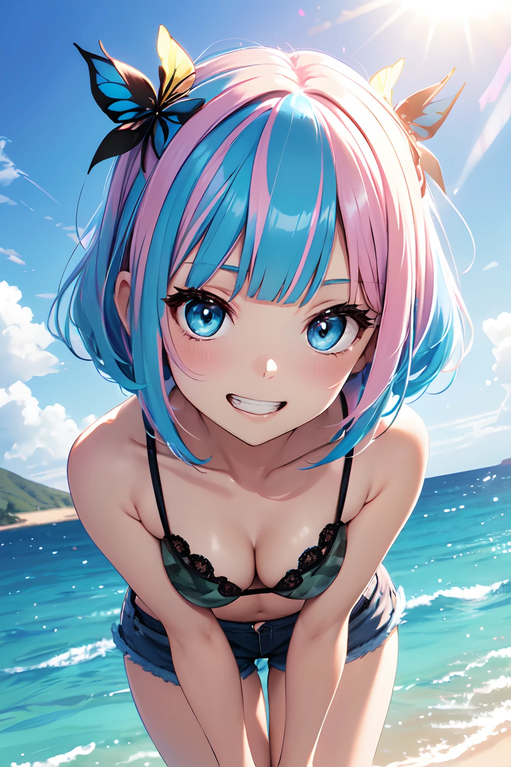 Illustration of a cute bikini model girl, (Anime style:1.2), masutepiece, Best Quality, ultra-detailliert, 4K, absurderes, hight resolution,(((masutepiece, Best Quality)))((masutepiece:1.5)), (Best High Quality, 超A high resolution, The ultra -The high-definition, 4K:1.3),(((Perfect hands, Perfect fingers, Perfect legs))),1womanl, Looking at Viewer ,Full body shot, 20 years old, ((Light blue eyes)),((Round eyes)), Sweat, White skin, (((skinny))), Sweat,((Shiny body, Shiny skin,)), (((masutepiece, Best Quality)))((masutepiece:1.5)), (Best High Quality, 超A high resolution, The ultra -The high-definition, 4K:1.3), (((Blunt bangs:1.3))), (((Pink bob hair))), (((blue colored inner hair:1.3))),(((blue streaked hair:1.3))), ((Blue eyes)), ((White skin)),((((Shiny body, Shiny skin,)))), ((Shiny body, Shiny skin, Big breasts)),the pose , Cute girl illustration, Anime style, (High color contrast:1.2), masutepiece, Best Quality, ultra-detailliert, absurderes, hight resolution, BREAK,
1girl in,Sexy Bikini Models. Solo, (early , Lolie:1.6), (Chibi:1.2), Dense, Huge green eyes,, shiny eyes, ((Show your teeth and smile:1.5)), long twintail, medium breasts, Curve, ((Blue butterfly hair ornament)),BREAK,
,camo (Lace micro bikini with minimal fabric area), cleavage, Ender Boobs, Side Bob, (High-cut shorts),(high leg shorts),BREAK,
plein air, Sunset beach, Horizon, Beautiful sunset sky, Back Light, stop motion, BREAK,
(From below), (Chest close-up:1.4), Twin-tailed, BREAK,