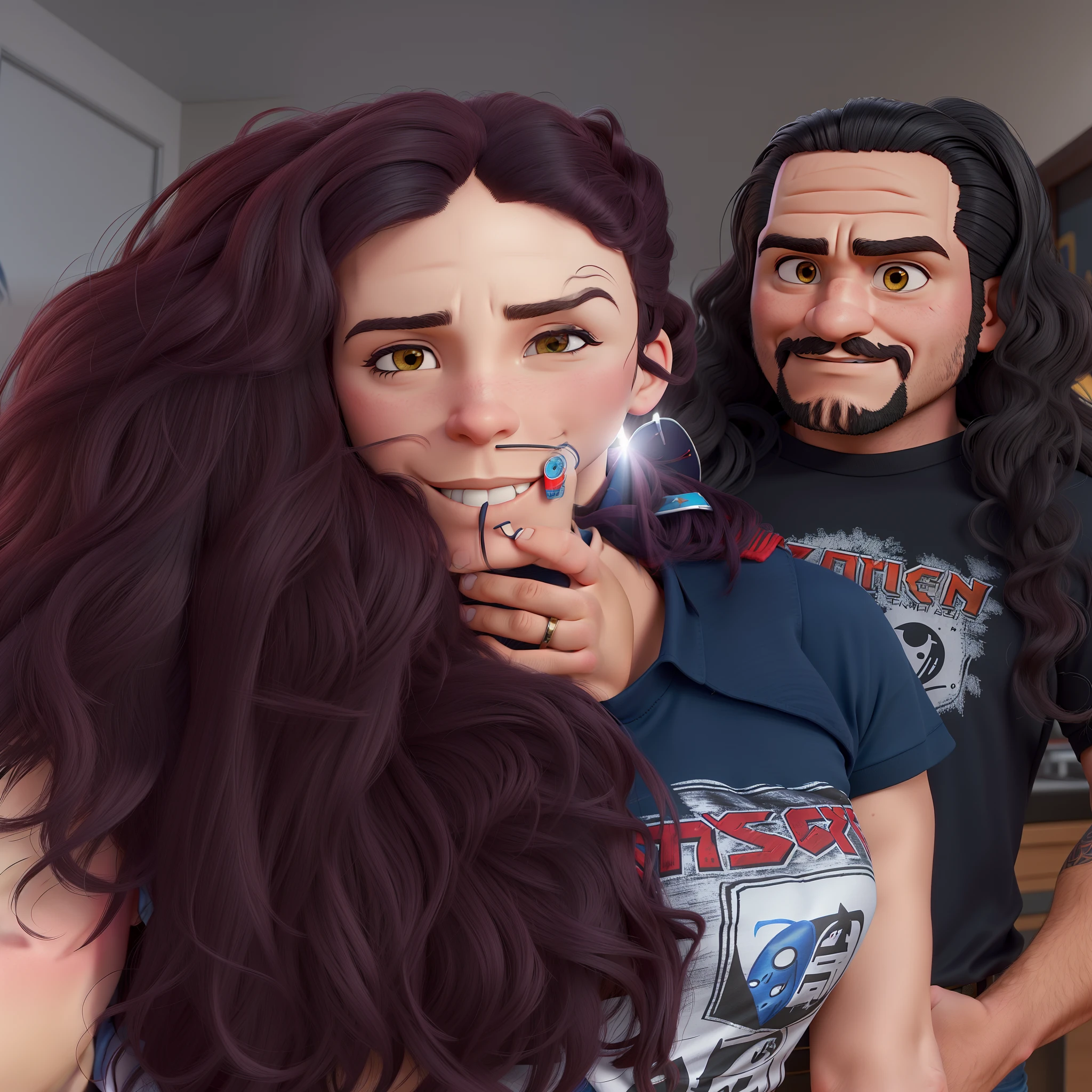 um bonito casal latino americano apaixnonado por heavy metal, a mulher tem cabelos vermelhos e o homem tem barba curta e usa camisa do iron maiden