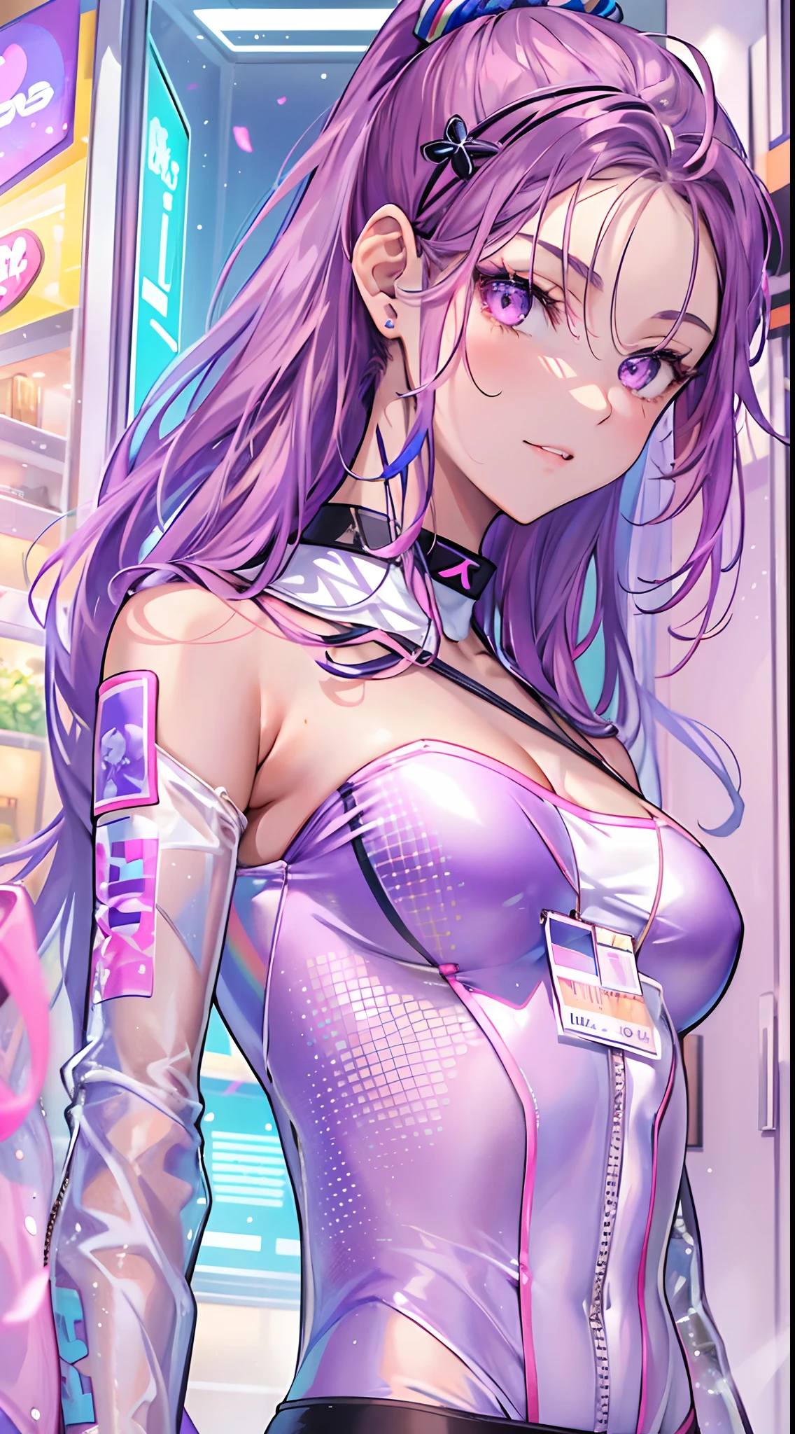 ((Masterpiece)), best quality, absurderes, ultra detailed, holographic, cowboy shot, golden ratio, super cute girl, mature girl, idol girl, super beautiful asian girl with very beautiful violet glowing eyes, beautiful glowing brown multicolored hair, high ponytail, nice and sexy body, slim body, perfect body, wearing a super tight anime printed leotard, an anime printed super tight off shoulder long sleeve crop top, a super aesthetic transparent mini jacket, beautiful hair ornament, pink jordan tennis, being photographed in a mall shop, with her handsome skinny boyfriend, with black messy glowing hair and super casual clothing