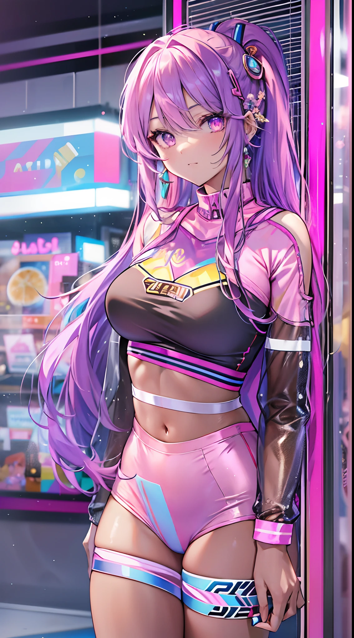 ((Masterpiece)), best quality, absurderes, ultra detailed, holographic, cowboy shot, golden ratio, super cute girl, mature girl, idol girl, super beautiful asian girl with very beautiful violet glowing eyes, beautiful glowing brown multicolored hair, high ponytail, nice and sexy body, slim body, perfect body, wearing a super tight anime printed leotard, an anime printed super tight off shoulder long sleeve crop top, a super aesthetic transparent mini jacket, beautiful hair ornament, pink jordan tennis, being photographed in a mall shop, with her handsome skinny boyfriend, with black messy glowing hair and super casual clothing