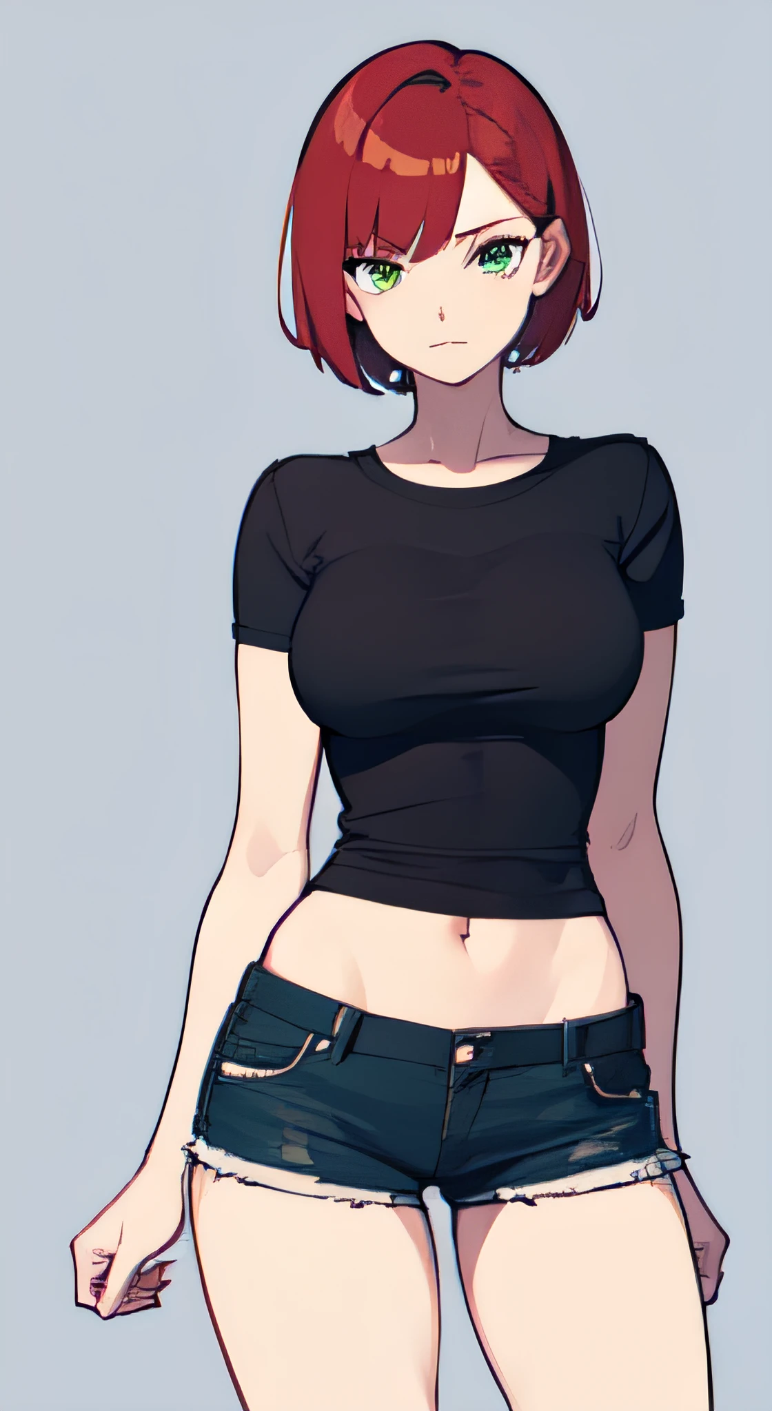 a 1girl, Green eyes, Skinny, short, Black T-shirt, blue shorts, redhead hair, Short Hair Hair, Beautiful figure, beatiful face, 18 years, Correct anatomy, pretty eyes, in full height, Anime style.