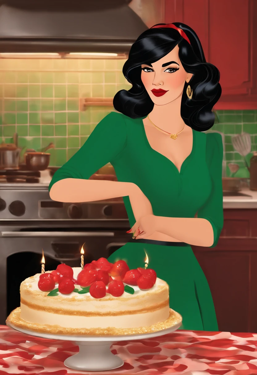 Disney Style Light Woman 30 Years Old Profile Picture Holding Cake Black Hair With Bangs Brown Eyes Red Lipstick Wearing Green Dress Cinematic Background Kitchen With Smoke On Stove Behind