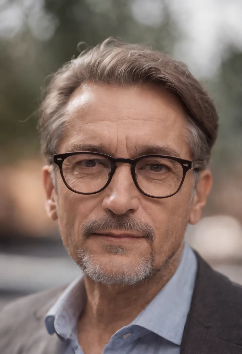 Um homem, 60 anos, cabelos e barba grisalhos, wearing glasses looking at a dream project inspired by Pixar animation, de perto. The character takes center stage with captivating facial expressions, oferecendo um toque de irrealidade