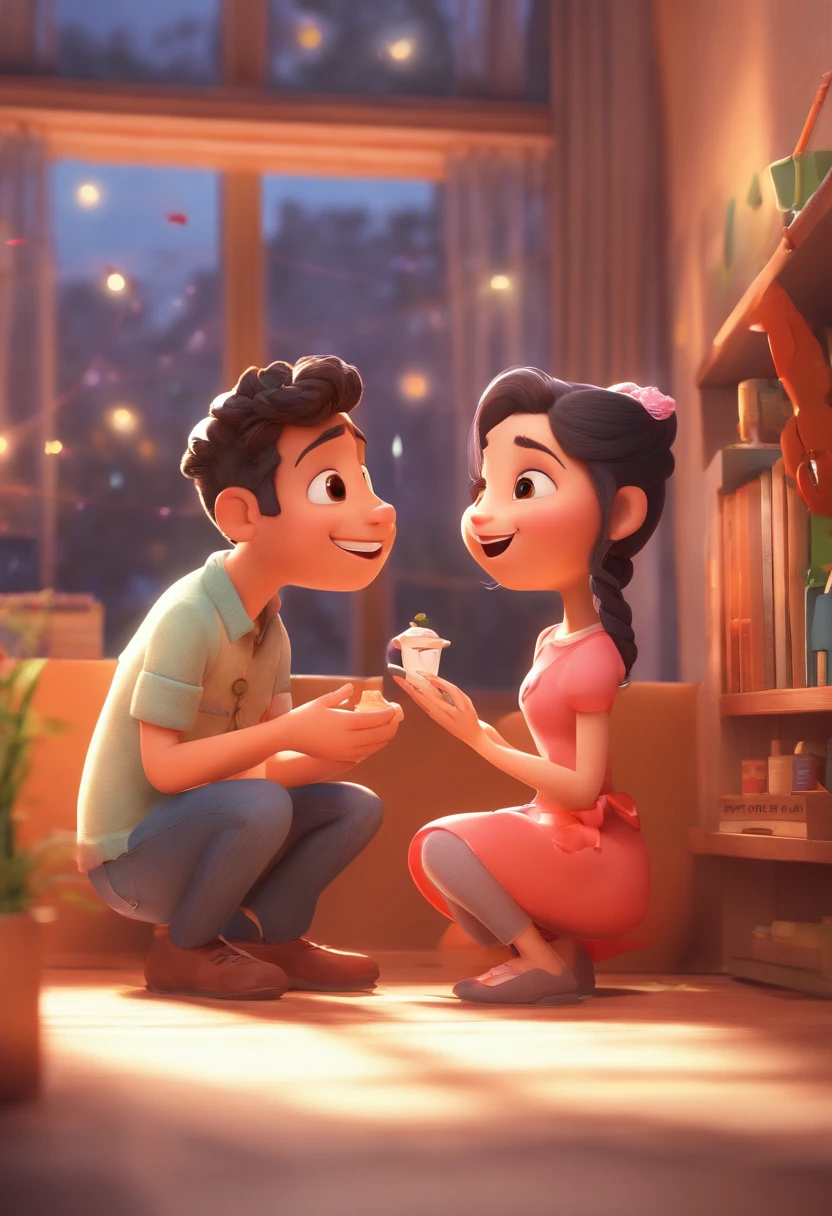 An illustration of an adorable couple, destacando um homem e uma mulher com bonito, Expressive eyes – the man's skin is black and the man's hair is bald and black, while the woman's skin is black and the woman's hair is curly and brown. They are a bright room, cada um com um sorriso no rosto, e compartilhar um momento especial caracterizado pelo amor, arroz, e insights educacionais. Illustrate this scene from a perspective where they are facing away from the camera, Showing Your Connection. Desenvolva esta arte em Full HD, Focus on your cinematic touch, Estilo Disney Pixar Animations