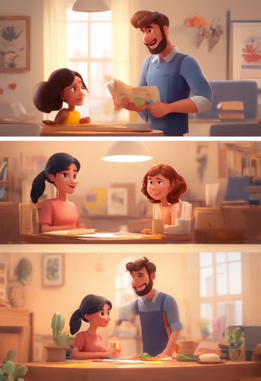 An illustration of an adorable couple, destacando um homem e uma mulher com bonito, Expressive eyes – the man's skin is black and the man's hair is bald and black, while the woman's skin is black and the woman's hair is curly and brown. They are a bright room, cada um com um sorriso no rosto, e compartilhar um momento especial caracterizado pelo amor, arroz, e insights educacionais. Illustrate this scene from a perspective where they are facing away from the camera, Showing Your Connection. Desenvolva esta arte em Full HD, Focus on your cinematic touch, Estilo Disney Pixar Animations