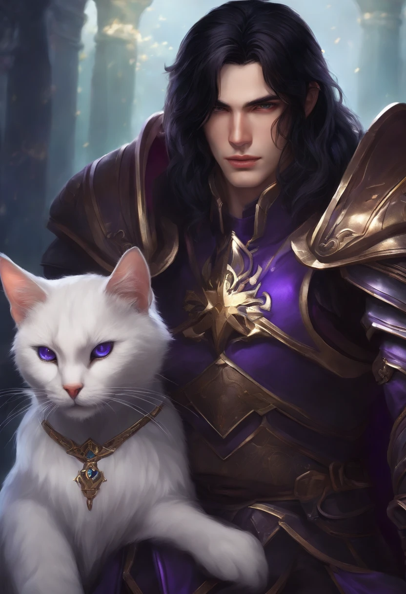 Black-haired guy with purple eyes and long shoulder-length hair. It has cat ears, He is dressed in armor