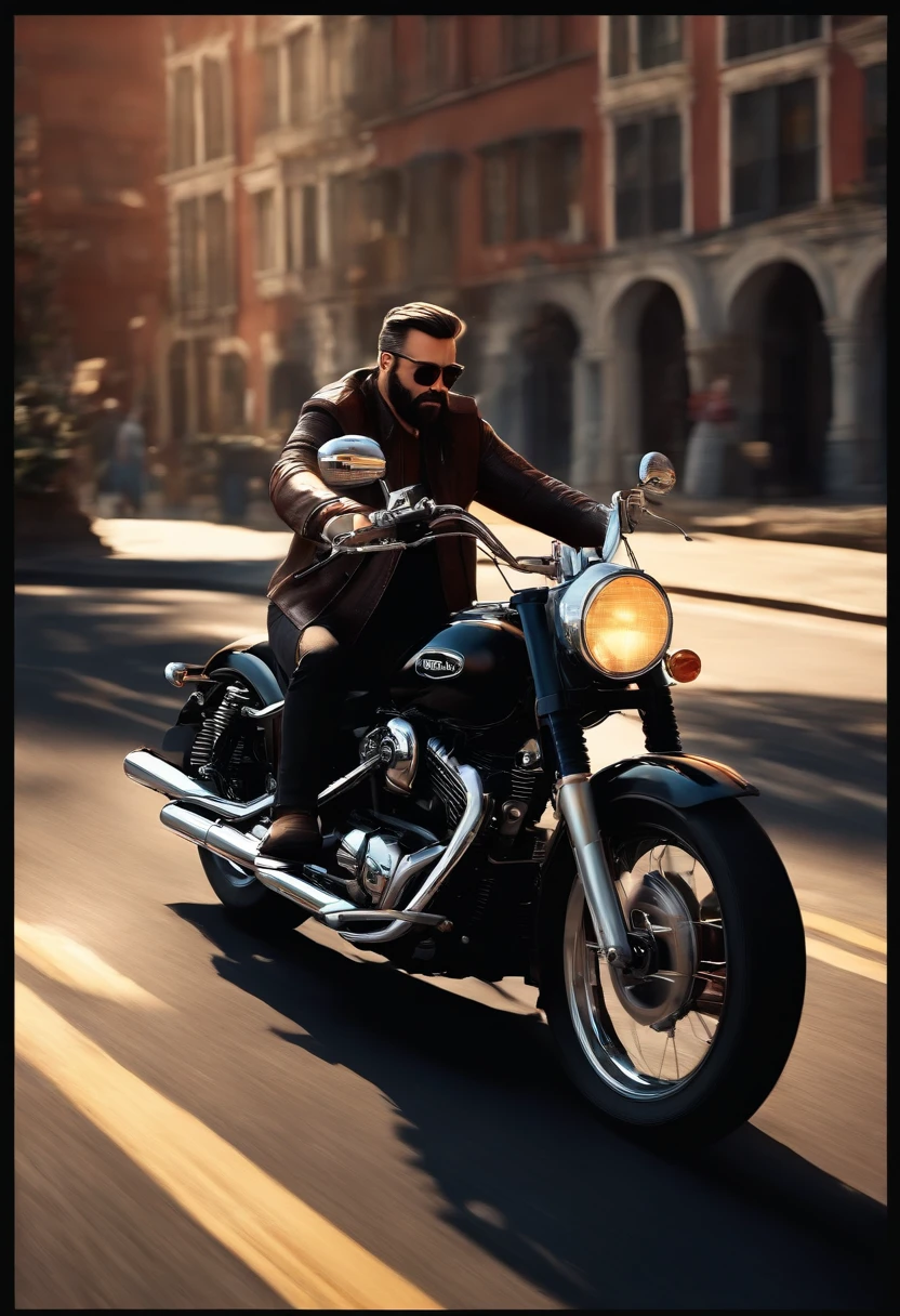 a 3D Disney Pixar style poster  de um homem forte moreno de barba e de cabelos longos e preto, usando colete de motociclistapilotando uma shadow 750em um passeio de motocicleta