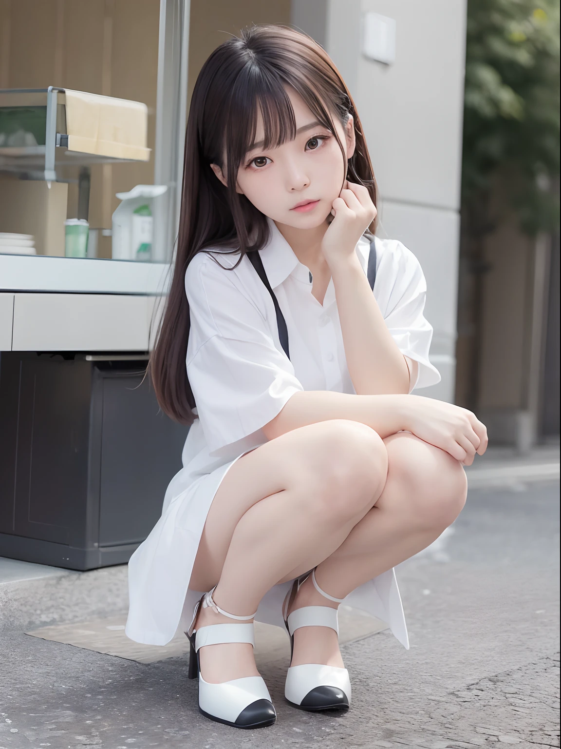 Top quality 4K、ultra-detailliert、Portrait of a photorealistic beautiful Japan woman。Young woman dressed in modern clothes、in a white shirt、I wear a miniskirt and high heels。She sprained her ankle、I'm in pain。Crouching、He has a painful expression on his face.、It has a silly and cute face。Although she is in the center of the city、No one helps me。She has a bandage on her ankle.、Inability to walk due to pain。Her Japan characteristics ooze from her whole body.、The figure of Esbian with her ankle bandaged stands out。