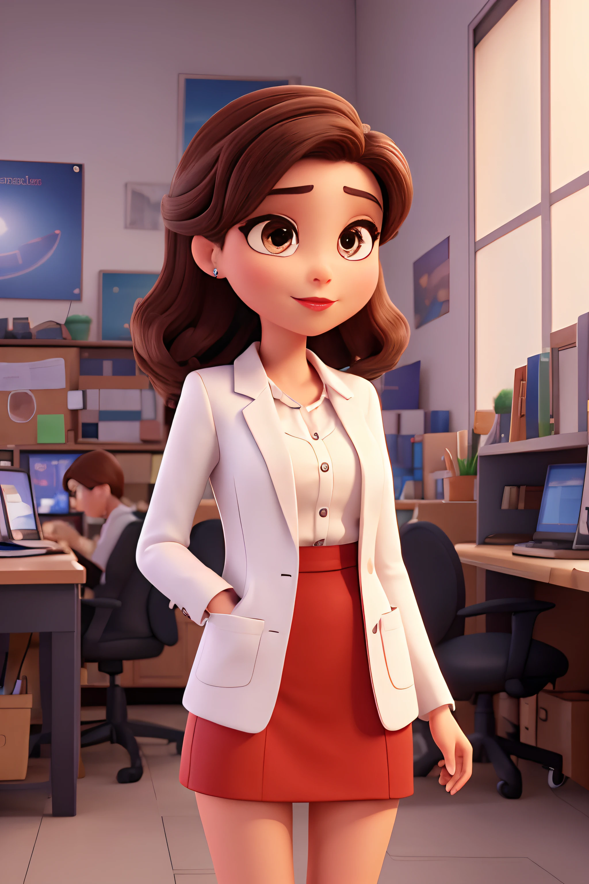 quero um desenho com o modelo Disney Pixar Cartoon, To represent me as a businesswoman at the age of 20 , estou vestida com um blazer branco, de salto preto e vestido preto, tenho os cabelos longos, na cor castanho escuro, jogado para o lado esquerdo, My eyes are brown, I'm wearing red lipstick on my lips and the background should be an office