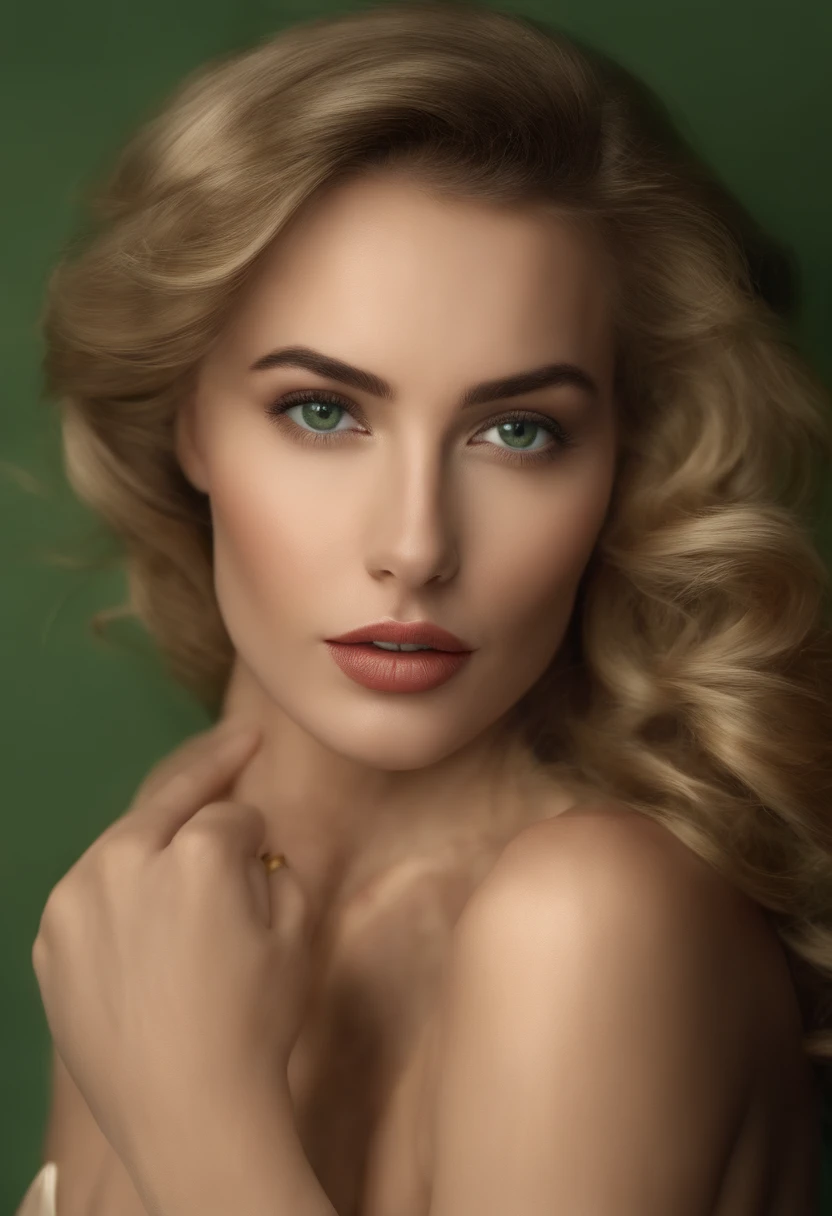 Realistic masterpiece, Photo of half of a woman's body MyNataLee with (seins naturels : 1.1) portant un chemisier vert, cheveux blonds en chignon, yeux bleus, beau visage, femme la plus chaude du monde, photoreallistic, PhotoStudio Quality, 8k, Very detailed, award-winning photo, espanique, levres pulpeuse