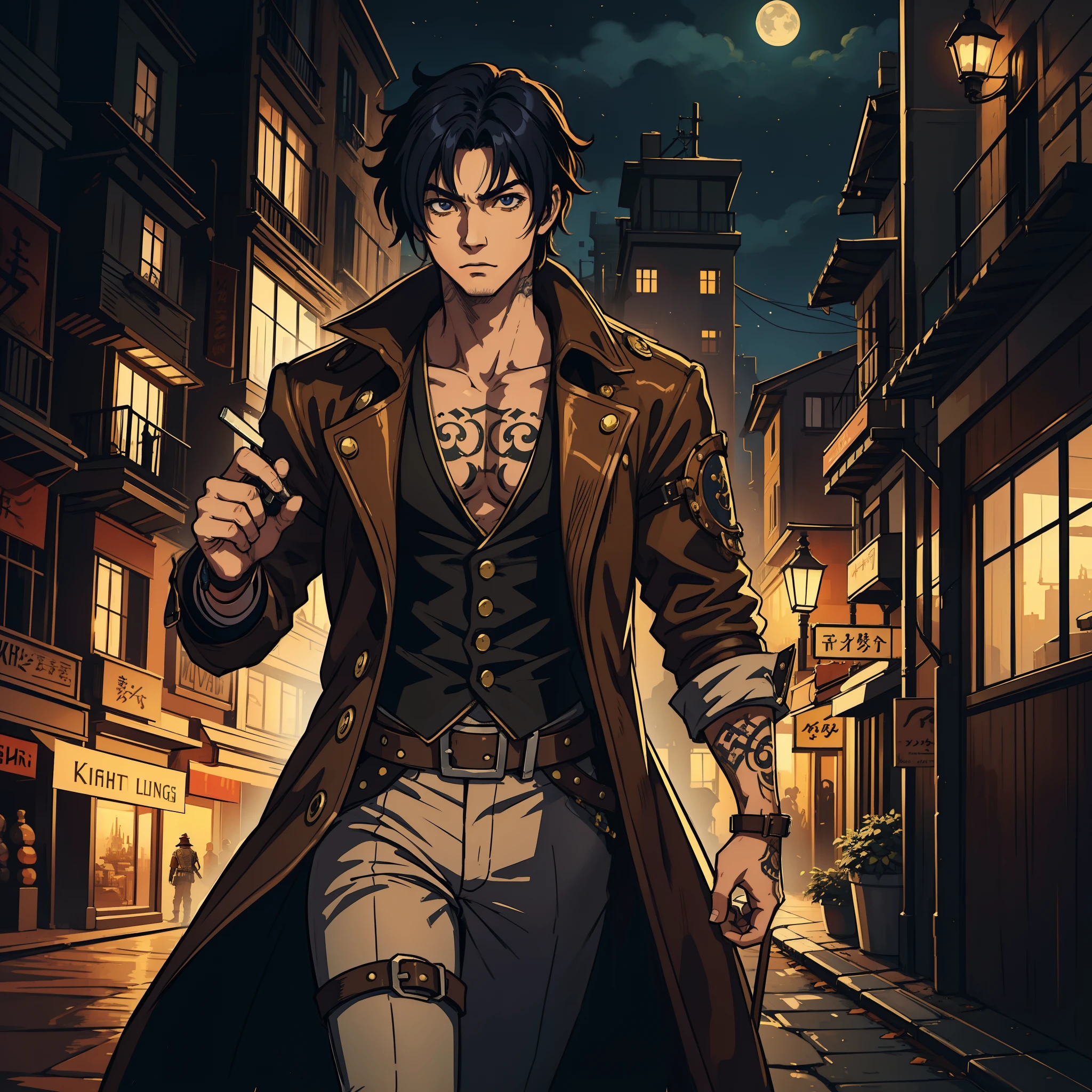 1 homem lindo com tattuagem Steampunk, Kyo Kusanagi Style An art for an RPG A non-human night background of the city ((Very detailed strokes))