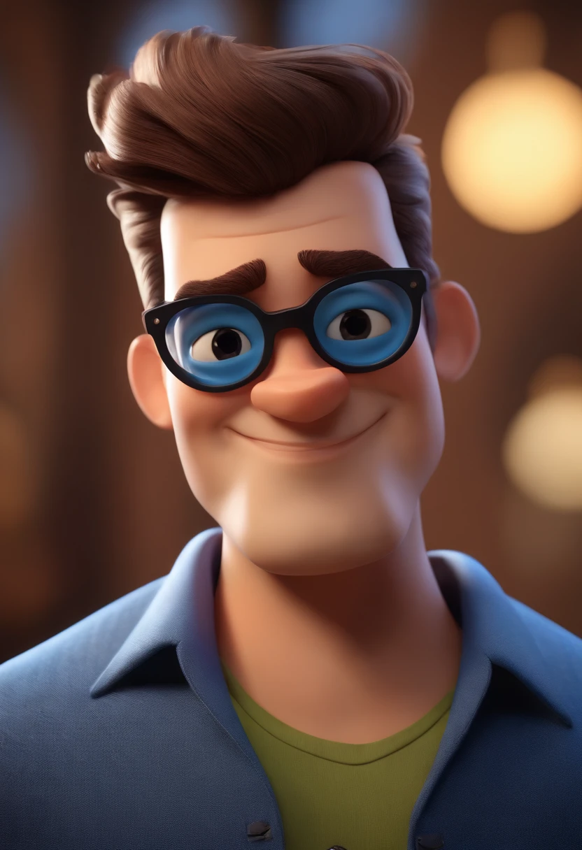 Cartoon character of a man wearing black glasses and a blue shirt, um personagem animado, Caractere estilizado, animation style rendering, 3D estilizado, Arnold Maya render, 3 d render stylized, toon render keyshot, Personagem 3D, Personagem 3D, 3d rendering stylized, 3 d character render, personagem de desenho animado, Personagem de close up, Pose de personagem, (Estilo Pixar) (master part:1.2) (Bokeh) (best quality) (pele detalhada) (textura detalhada) (8k) (argila) (Cinematic lighting) (foco nítido,Senta e vaza a parte superior do corpo