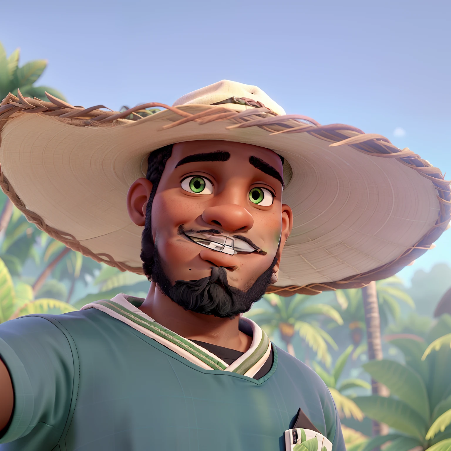 selfie young black man, bald, with beard and hat, wearing dark green blouse, outdoors surrounded by tropical plants, black eyes with great quality