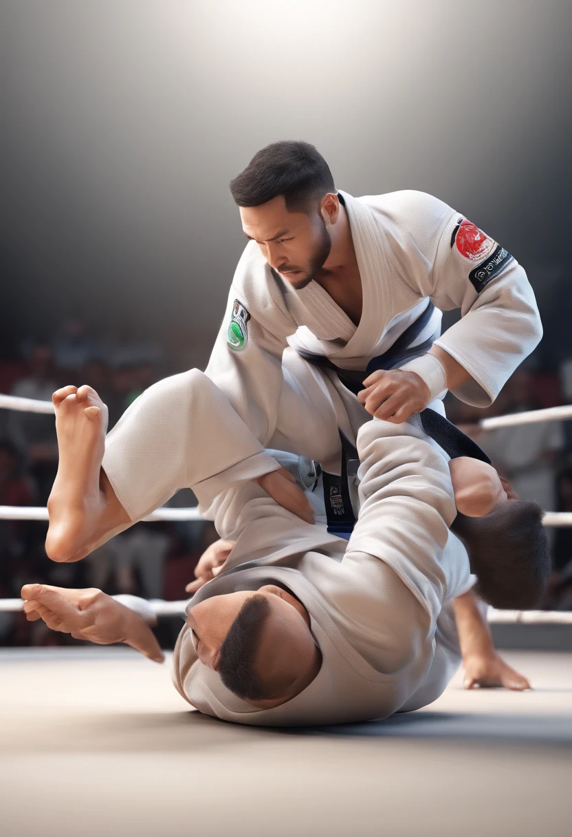 Man jiu-jitsu fighter in championship against opponent in white kimono