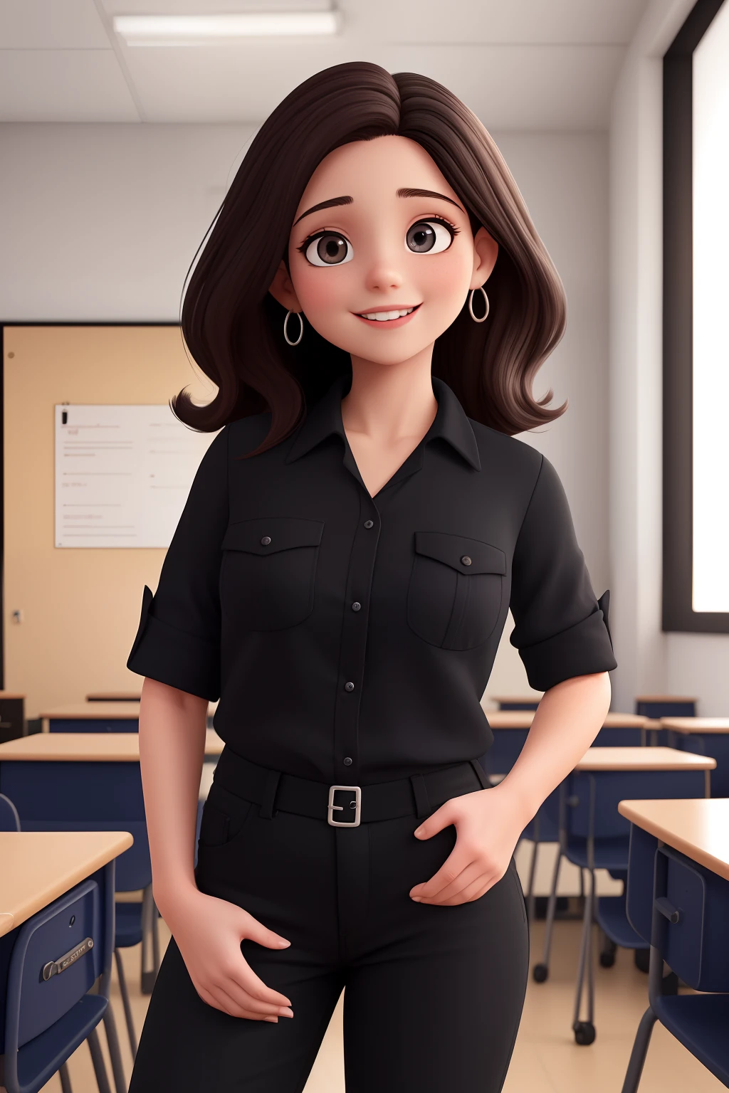 Uma mulher de 8 anos, com longos cabelos castanhos  , Rosto redondo, sorriso encantador, e olhos castanhos, In a classroom, studio lighting, sign language interpreter and sign language teacher. She's wearing black clothes, blouse and black jeans