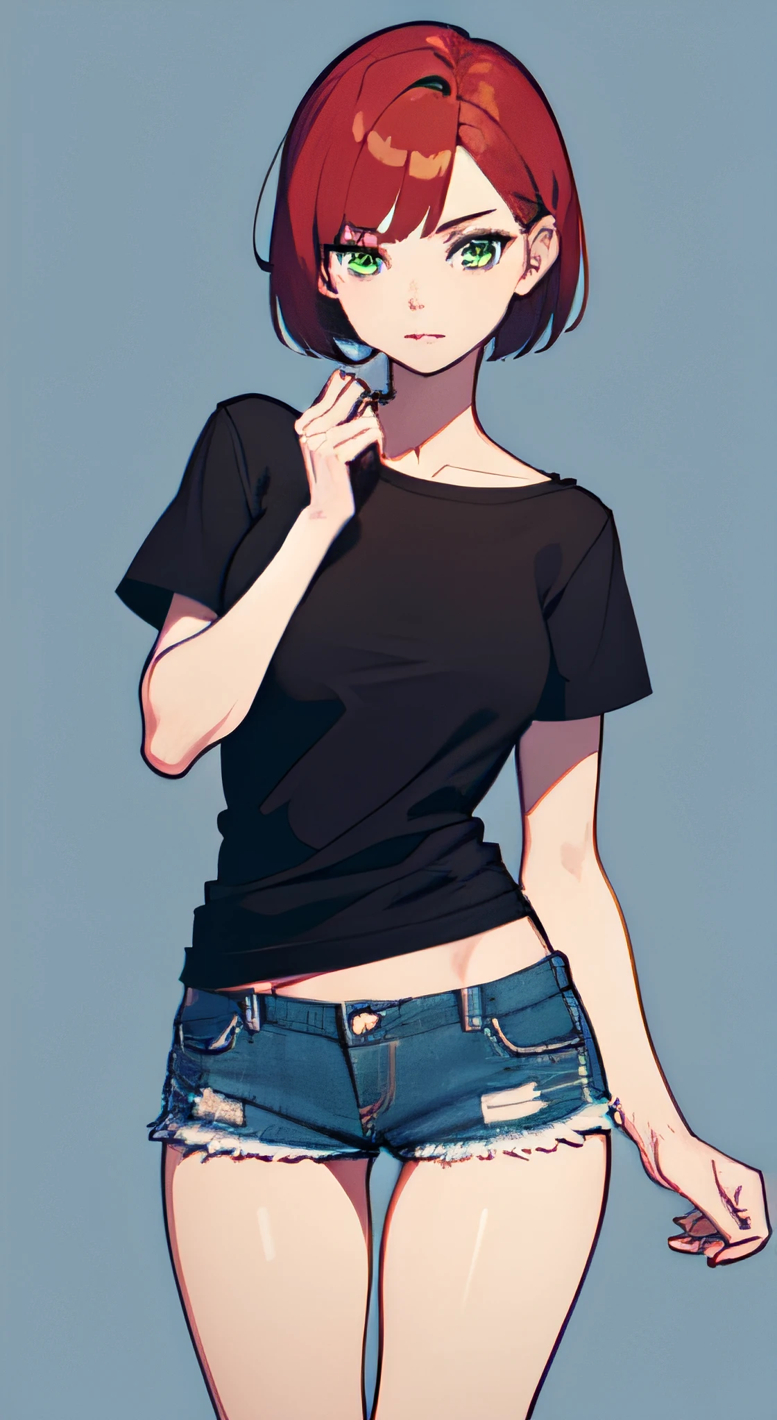 a 1girl, Green eyes, Skinny, short, Black T-shirt, blue shorts, redhead hair, Short Hair Hair, Beautiful figure, beatiful face, 18 years, Correct anatomy, pretty eyes, in full height.