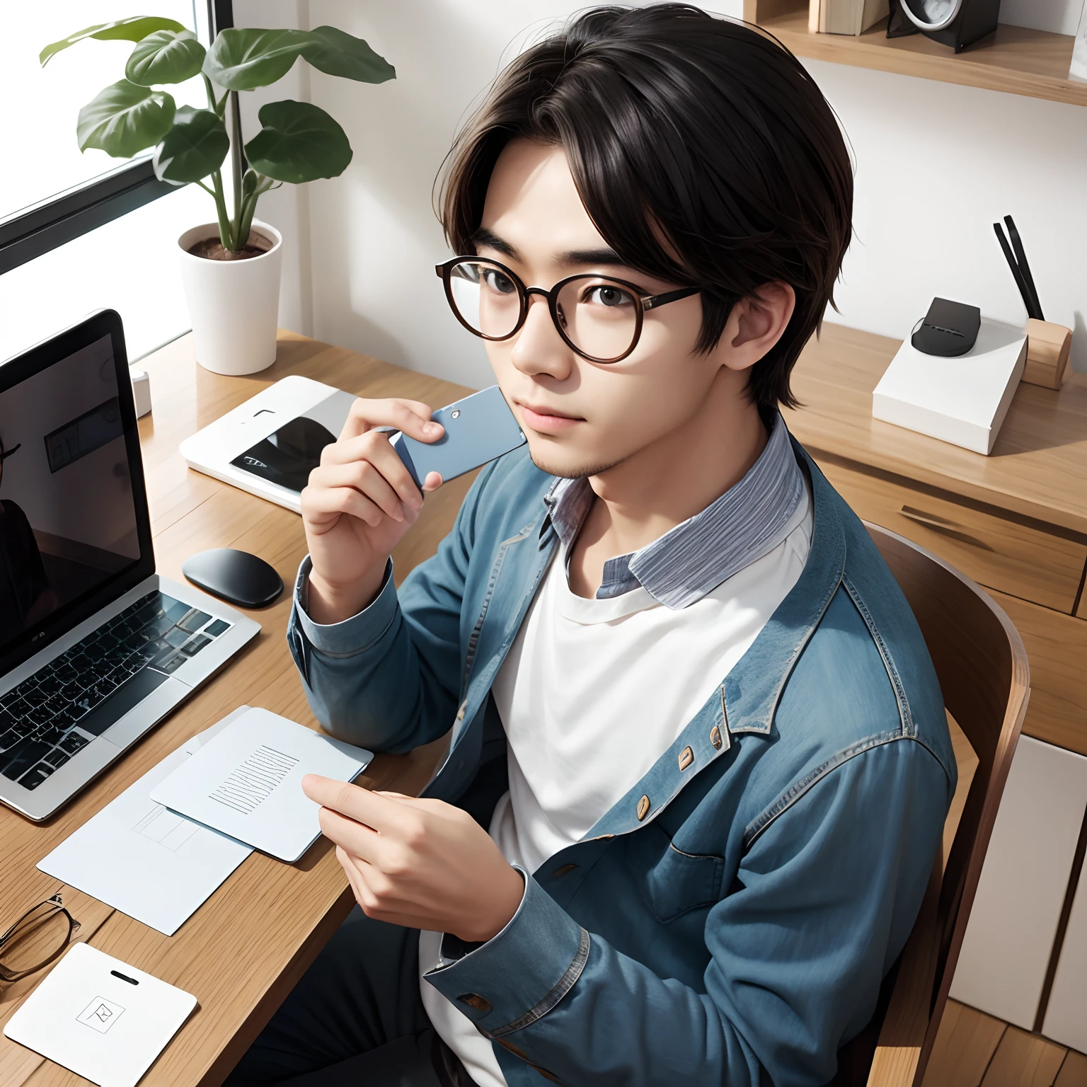 Young man with a cute face wearing round glasses、i-pad on desk, Looking at the camera、