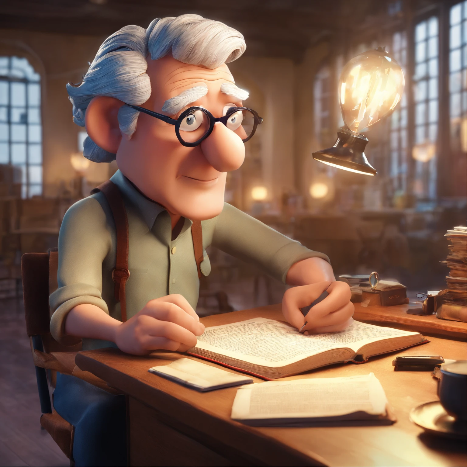 Crie um cartaz inspirado na Disney Pixar com o personagem sendo o pastor Rubens Janier, A gray-haired man wearing glasses, in an office with a Bible on the table