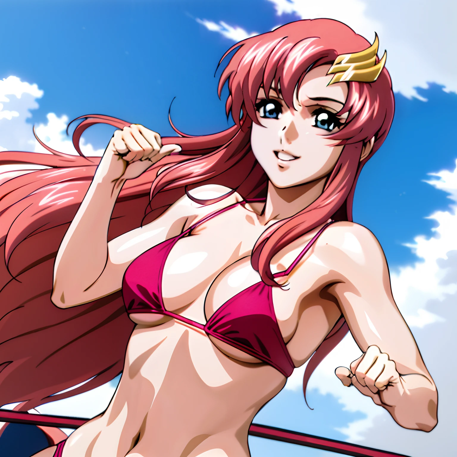 (masterpiece, upper body view, 4K, Best Quality, Anime style: 1.9,, Adult Woman, ultra detailed face, (cloud background, wrestling), Drawing lines, high resolution, Anime, lacus4), 1girl, Solo, curvy figure, very Long hair, 鎖骨, scapular, (Detailed wide hair bangs, Hair Ornament, Detailed reddish-pink hair, golden crest), cleavage, large hands, (female wrestler). (Big blue eyes, shiny eyes), ((female wrestler, little biceps, slender body, broad shoulders, closed fists)), ((perfect proportions, medium breasts, long belly)), (((micro bikini, pink wrestling gear, champion))), happy, smile, , (belly dancing, looking at the viewer), , showing off underarm, (elegant lady), microphone,