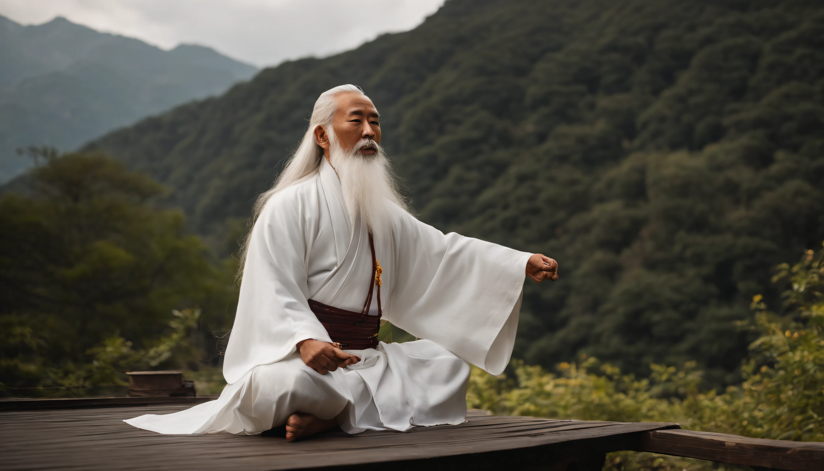 A 30-year-old middle-aged Asian Taoist priest,long white hair,There is a white beard,Daoism,Wear a white robe,white sash,Taoist master,Taoist,Magnificent momentum,at centre,Face the lens,Full body like,standing on your feet,The back of the hand is behind the back,Be kind,Grandpa