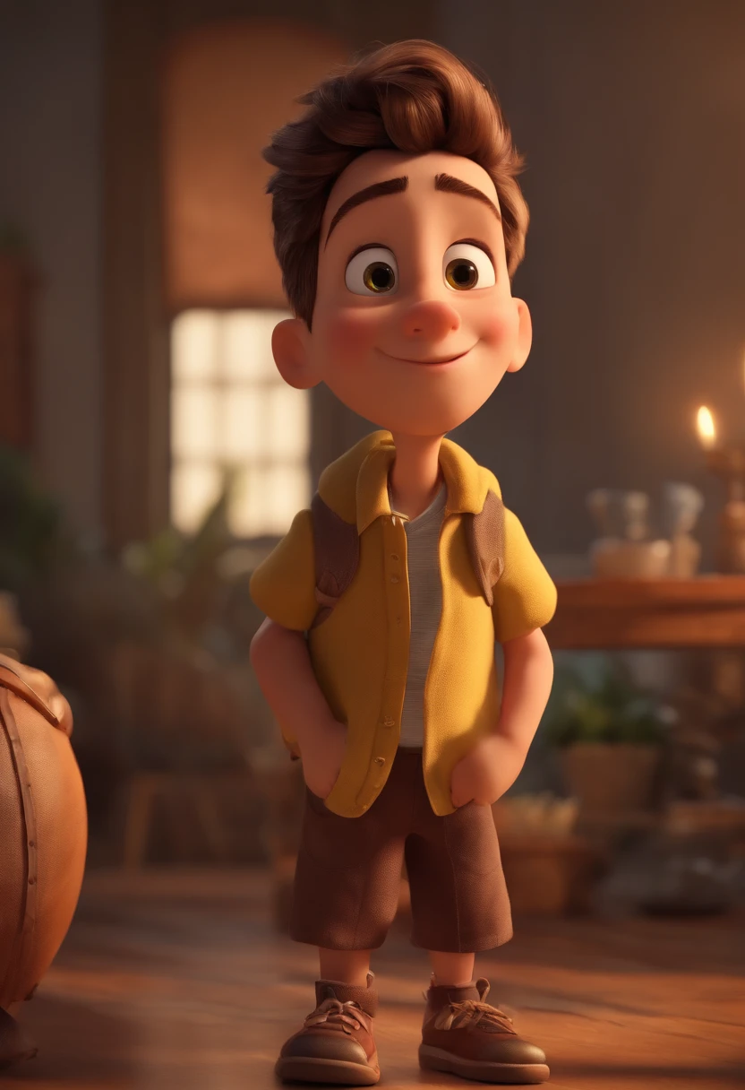 (best quality,4k,8k,Altas,master part:1.2),ultra-detalhado,(Realistic,fotorrealista,photo-realistic:1.37),a boy for a Pixar-style story in a YouTube video, O Pequeno Alabester, He's the class leader, He's outgoing, frisky, e defende muitas coisas,illustration,Estilo Pixar,encantador,可爱,olhos brilhantes,Sardas,cabelos desgrenhados,sobrancelhas expressivas,sorriso brilhante,olhar curioso,Energetic,fundo de suspense,sharpened details,cores vibrantes,warm lighting,Playful shenanigans,pose animada,ambiente animado,fantasy scenery,Enredo envolvente,visual cartunesco,funny facial expressions,Adventurous Spirit,magical ambiance,Mundo colorido,paisagens imaginativas